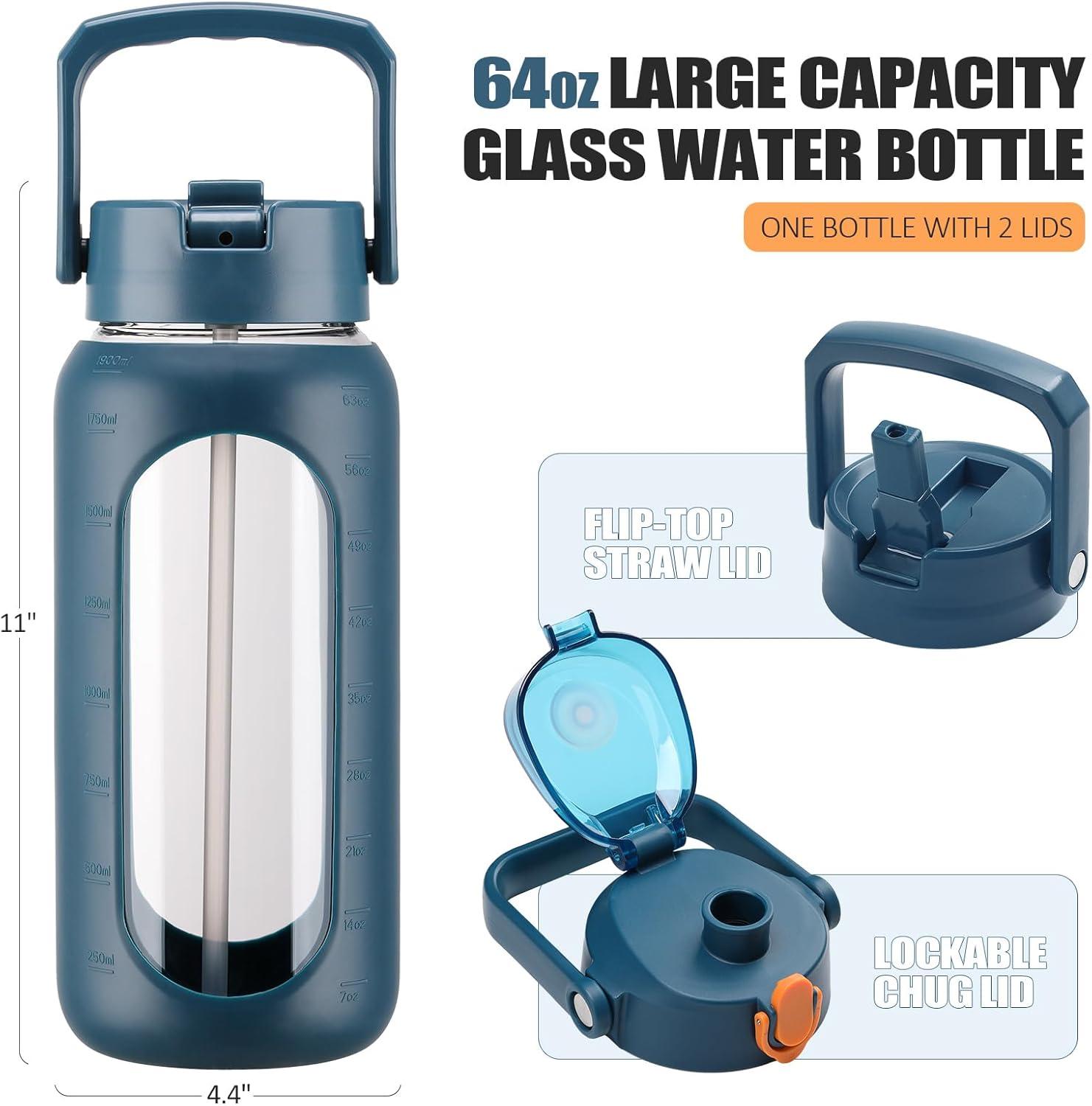image:imageBLUEGO 2000ml Bouteilles deau en verre avec 2 couvercles Gourd avec paille 2L Grande bouteille deau avec marqueurs de temps et de capacit pour salle de sport Maison tanche AmbreBleu Fonc