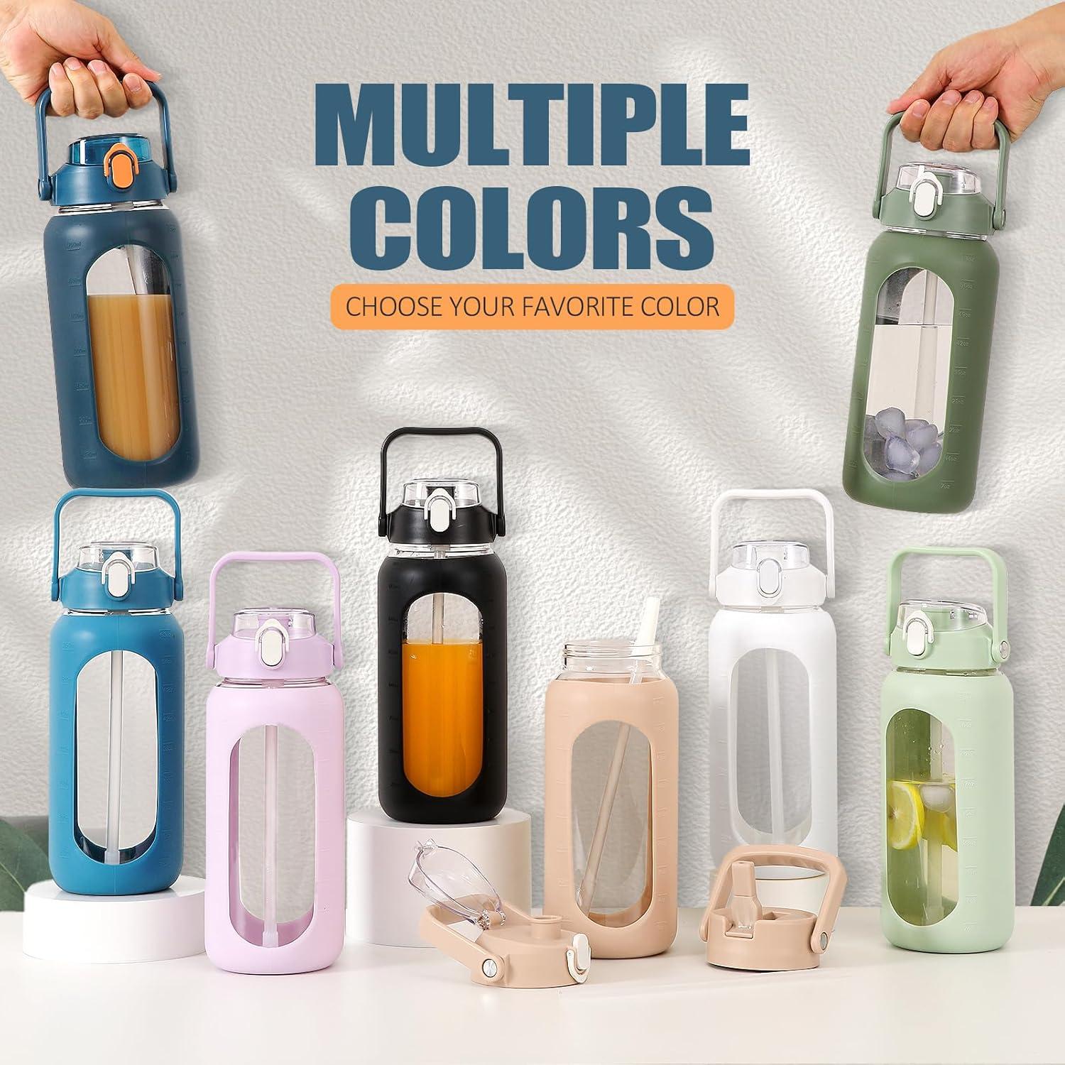 image:imageBLUEGO 2000ml Bouteilles deau en verre avec 2 couvercles Gourd avec paille 2L Grande bouteille deau avec marqueurs de temps et de capacit pour salle de sport Maison tanche AmbreBleu Fonc