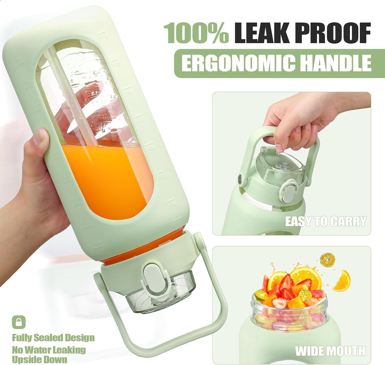image:imageBLUEGO 2000ml Bouteilles deau en verre avec 2 couvercles Gourd avec paille 2L Grande bouteille deau avec marqueurs de temps et de capacit pour salle de sport Maison tanche AmbreGris