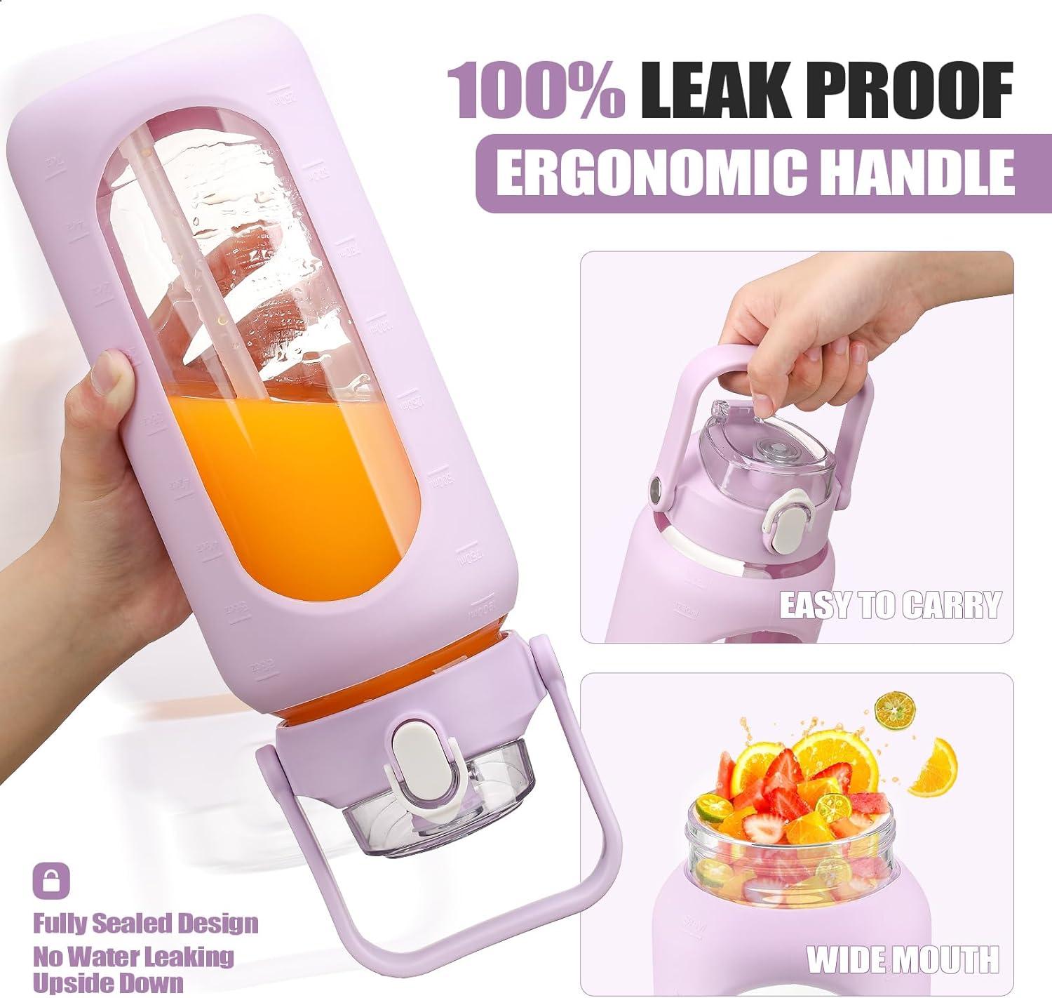 image:imageBLUEGO 2000ml Bouteilles deau en verre avec 2 couvercles Gourd avec paille 2L Grande bouteille deau avec marqueurs de temps et de capacit pour salle de sport Maison tanche AmbreViolet