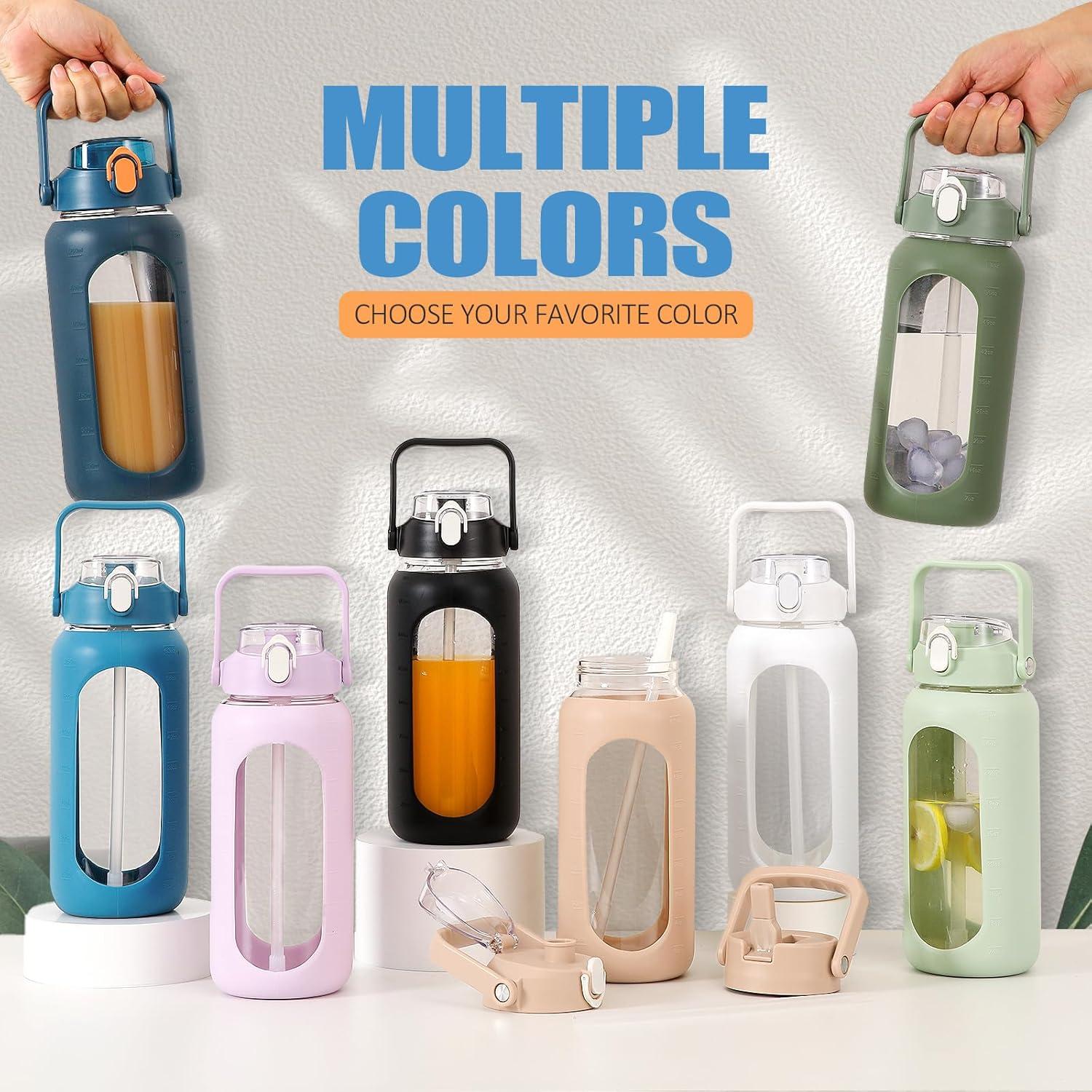 image:imageBLUEGO 2000ml Bouteilles deau en verre avec 2 couvercles Gourd avec paille 2L Grande bouteille deau avec marqueurs de temps et de capacit pour salle de sport Maison tanche AmbreBlanc