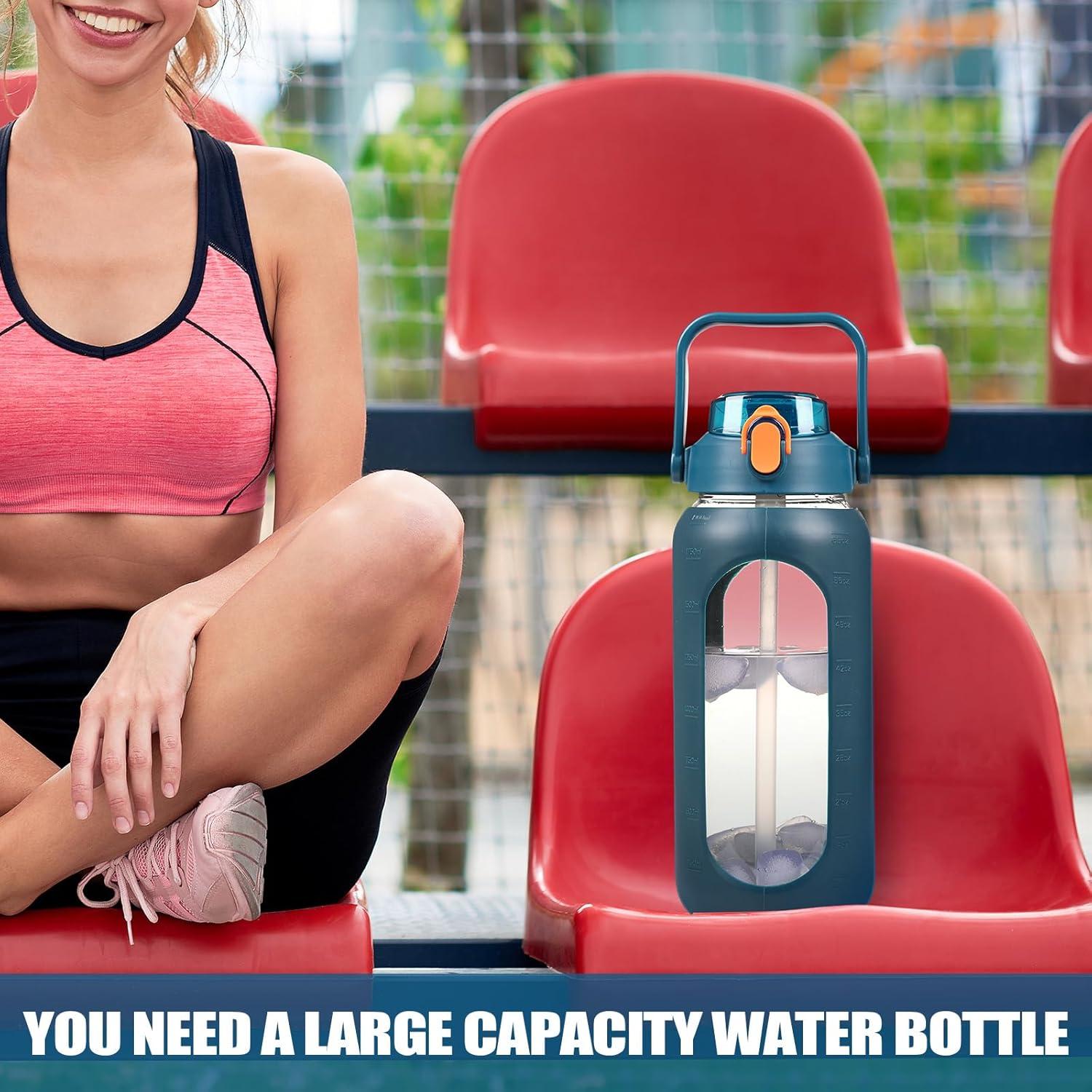 image:imageBLUEGO 2000ml Bouteilles deau en verre avec 2 couvercles Gourd avec paille 2L Grande bouteille deau avec marqueurs de temps et de capacit pour salle de sport Maison tanche AmbreBleu Fonc