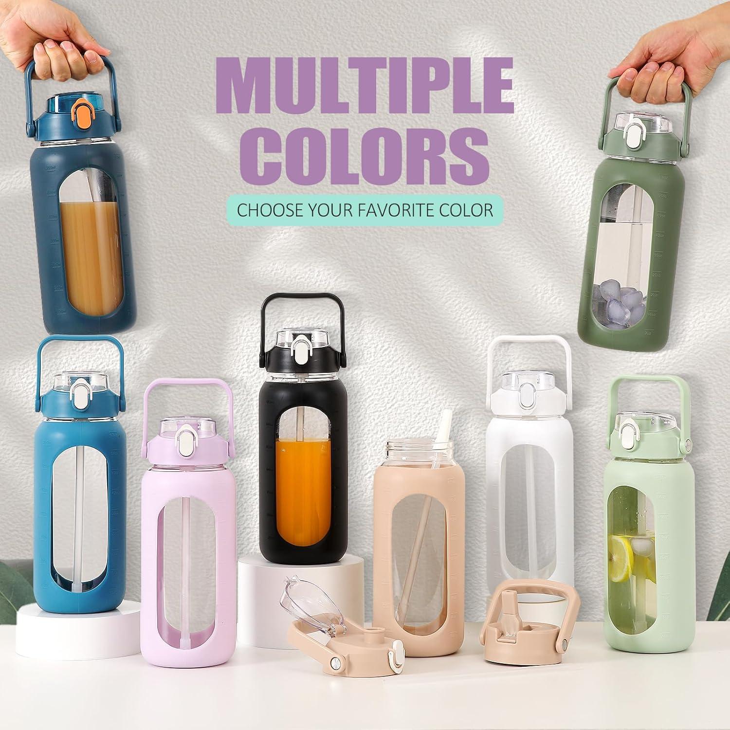 image:imageBLUEGO 2000ml Bouteilles deau en verre avec 2 couvercles Gourd avec paille 2L Grande bouteille deau avec marqueurs de temps et de capacit pour salle de sport Maison tanche AmbreViolet