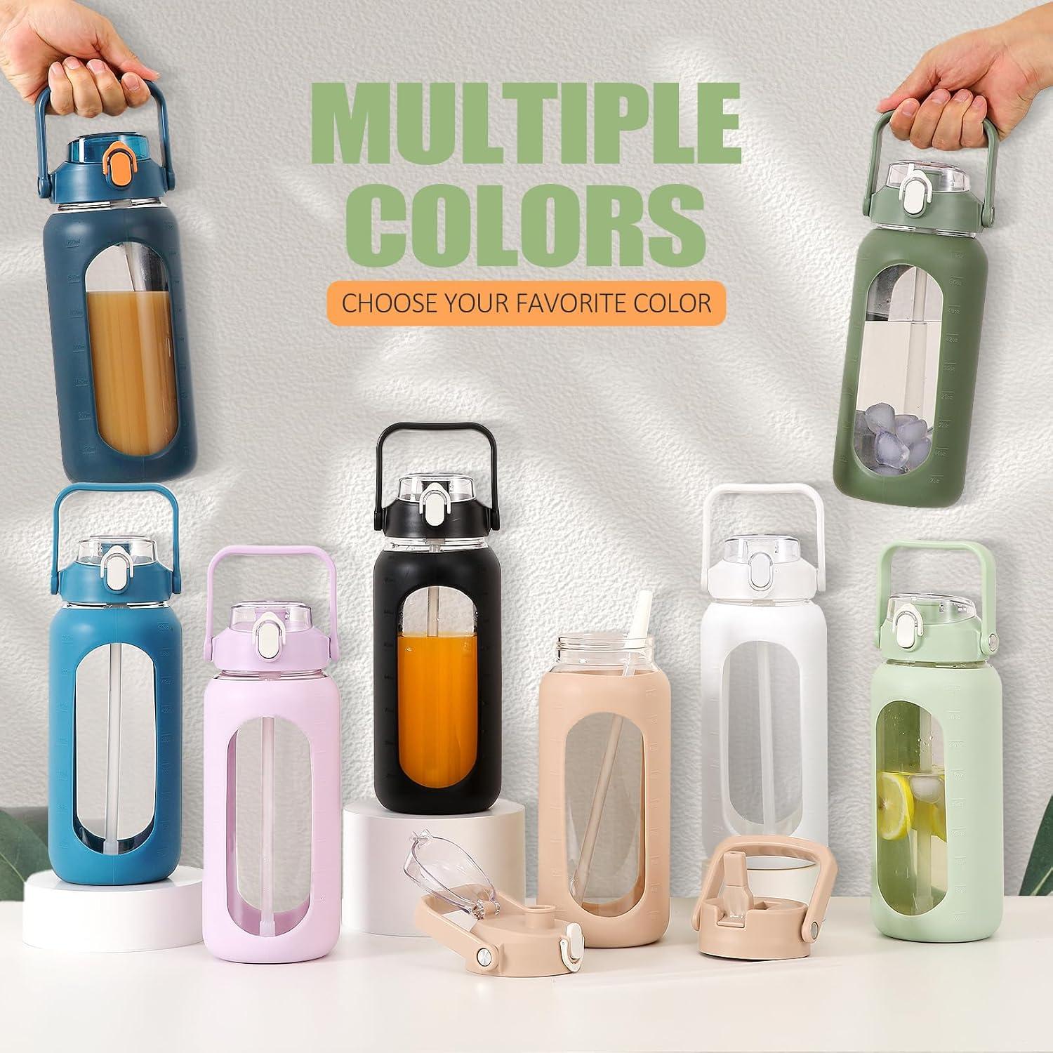 image:imageBLUEGO 2000ml Bouteilles deau en verre avec 2 couvercles Gourd avec paille 2L Grande bouteille deau avec marqueurs de temps et de capacit pour salle de sport Maison tanche AmbreGris