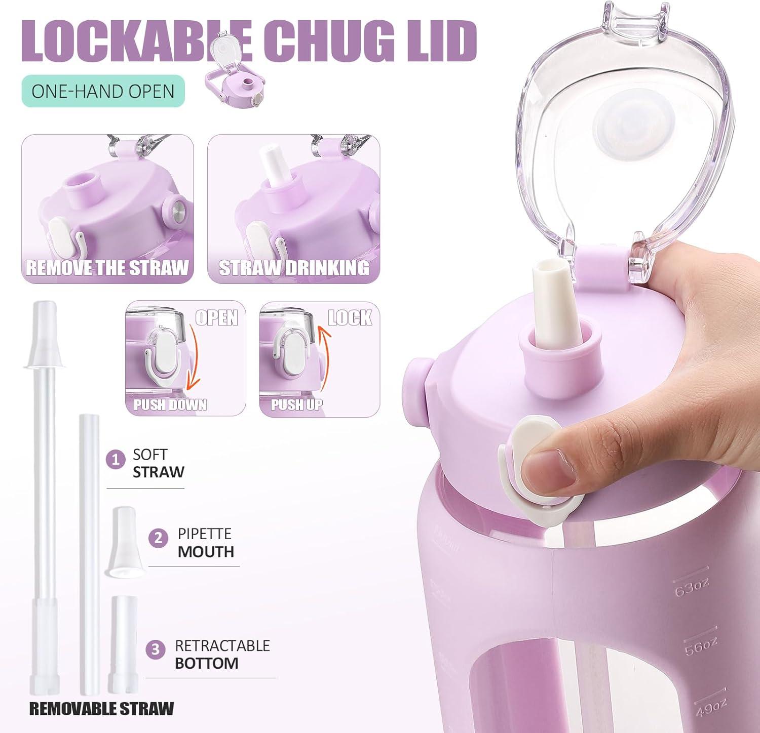 image:imageBLUEGO 2000ml Bouteilles deau en verre avec 2 couvercles Gourd avec paille 2L Grande bouteille deau avec marqueurs de temps et de capacit pour salle de sport Maison tanche AmbreViolet