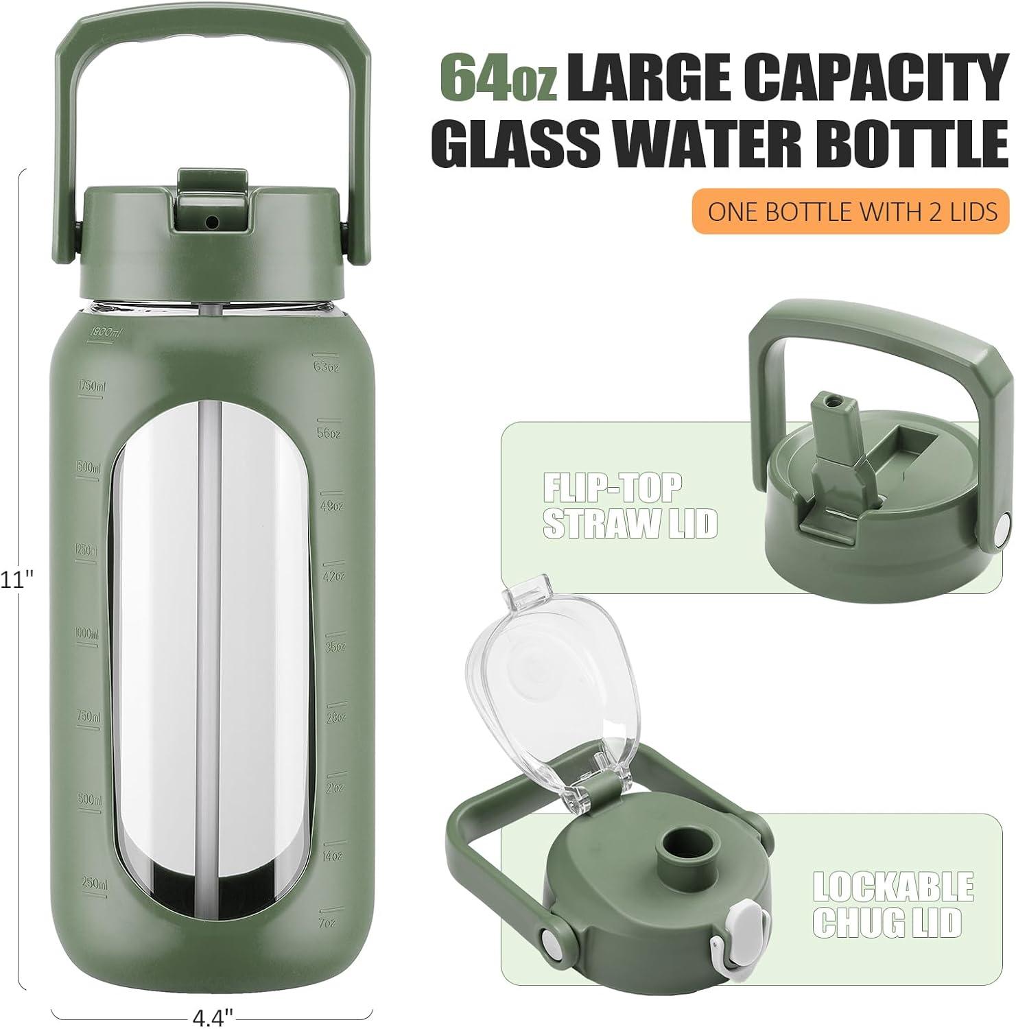 image:imageBLUEGO 2000ml Bouteilles deau en verre avec 2 couvercles Gourd avec paille 2L Grande bouteille deau avec marqueurs de temps et de capacit pour salle de sport Maison tanche AmbreOlive