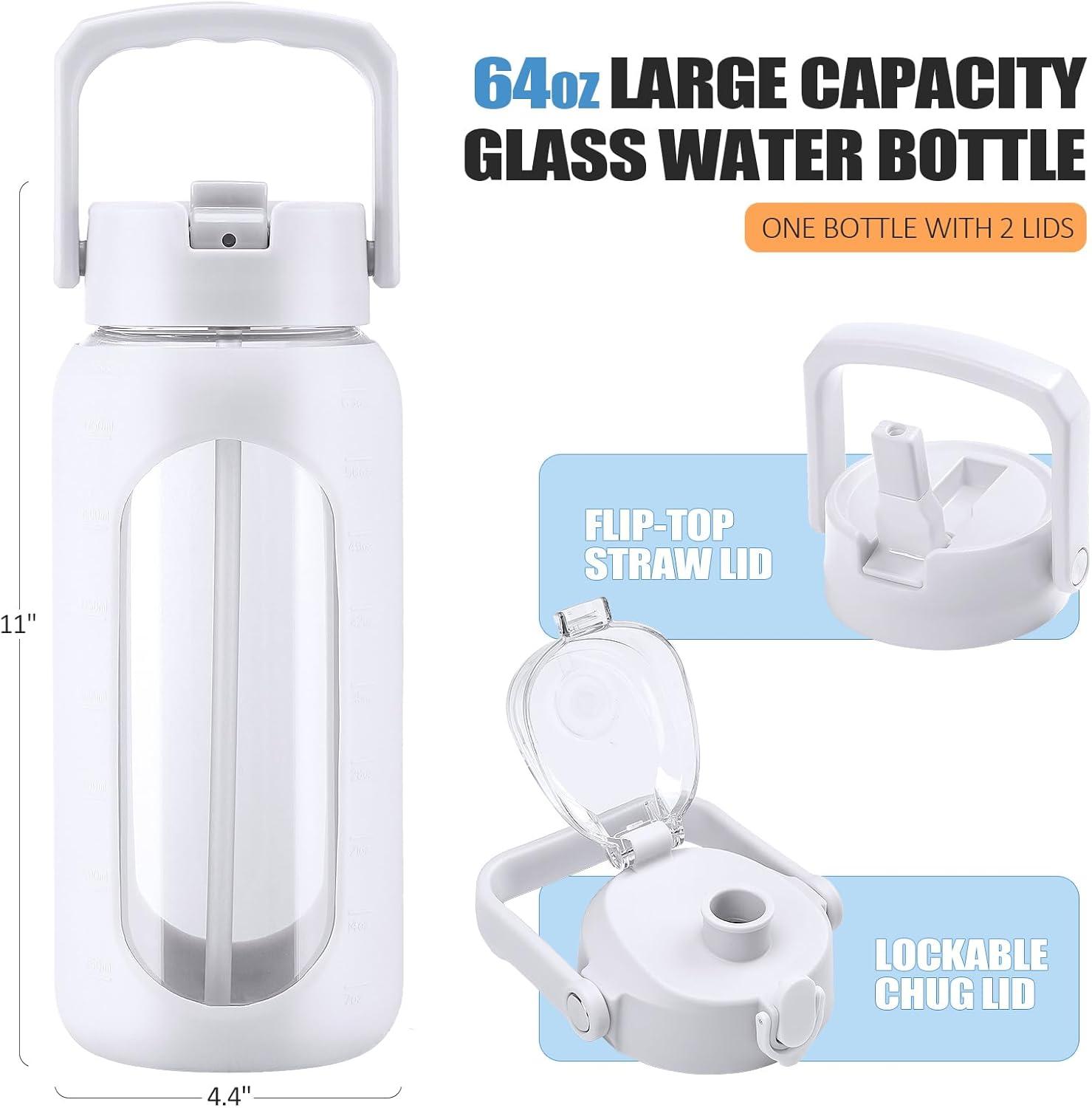 image:imageBLUEGO 2000ml Bouteilles deau en verre avec 2 couvercles Gourd avec paille 2L Grande bouteille deau avec marqueurs de temps et de capacit pour salle de sport Maison tanche AmbreBlanc
