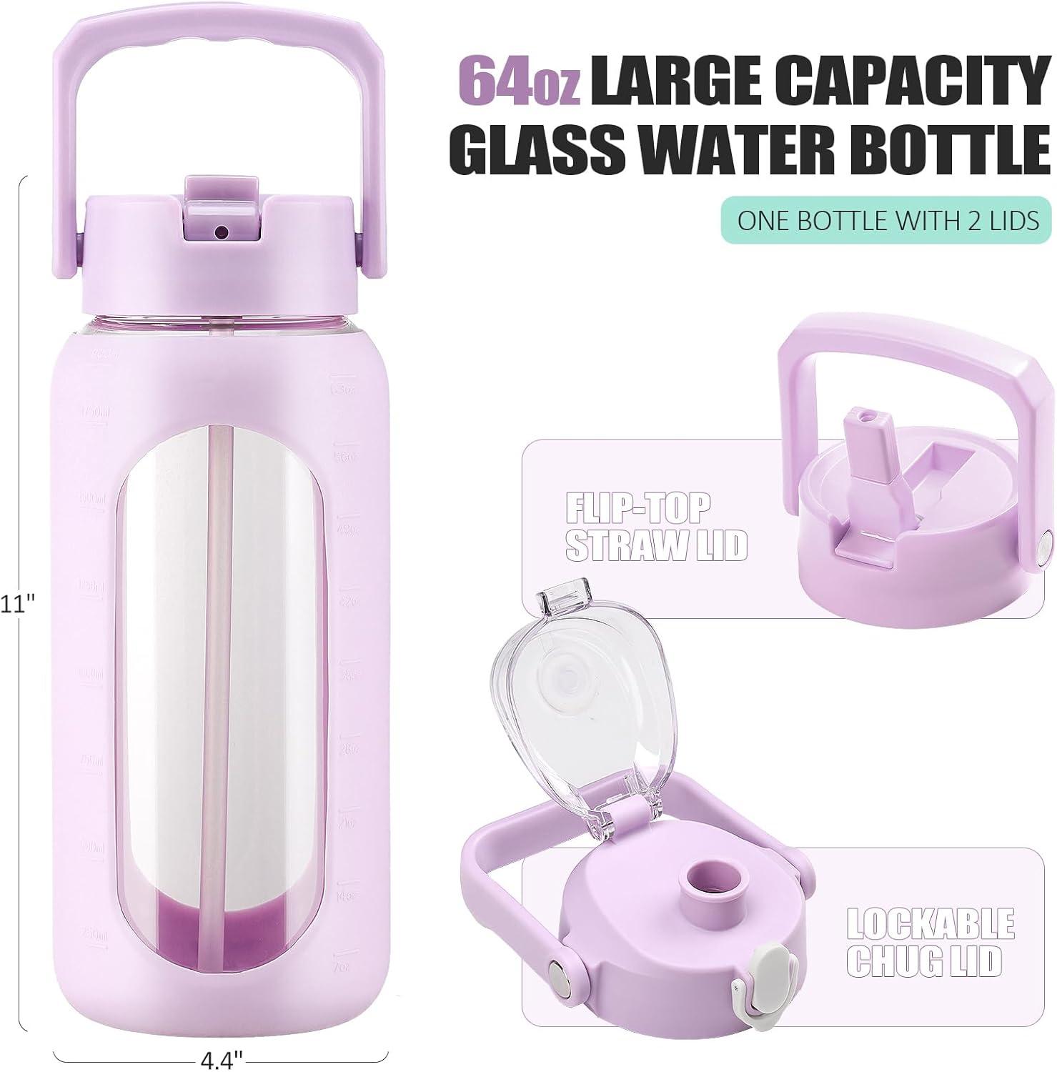 image:imageBLUEGO 2000ml Bouteilles deau en verre avec 2 couvercles Gourd avec paille 2L Grande bouteille deau avec marqueurs de temps et de capacit pour salle de sport Maison tanche AmbreViolet