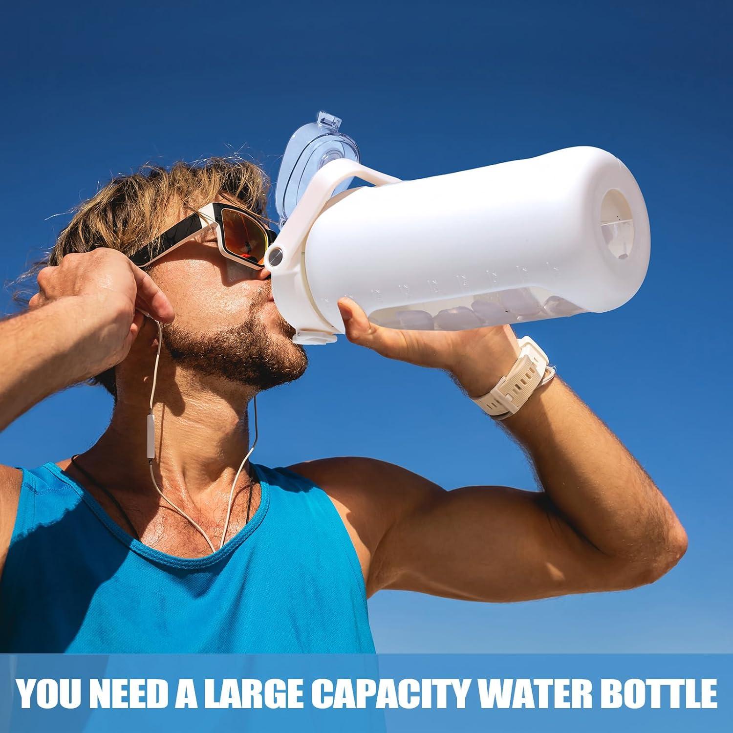 image:imageBLUEGO 2000ml Bouteilles deau en verre avec 2 couvercles Gourd avec paille 2L Grande bouteille deau avec marqueurs de temps et de capacit pour salle de sport Maison tanche AmbreBlanc