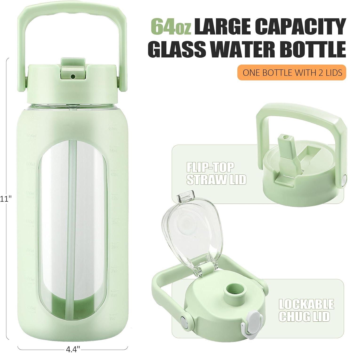 image:imageBLUEGO 2000ml Bouteilles deau en verre avec 2 couvercles Gourd avec paille 2L Grande bouteille deau avec marqueurs de temps et de capacit pour salle de sport Maison tanche AmbreGris