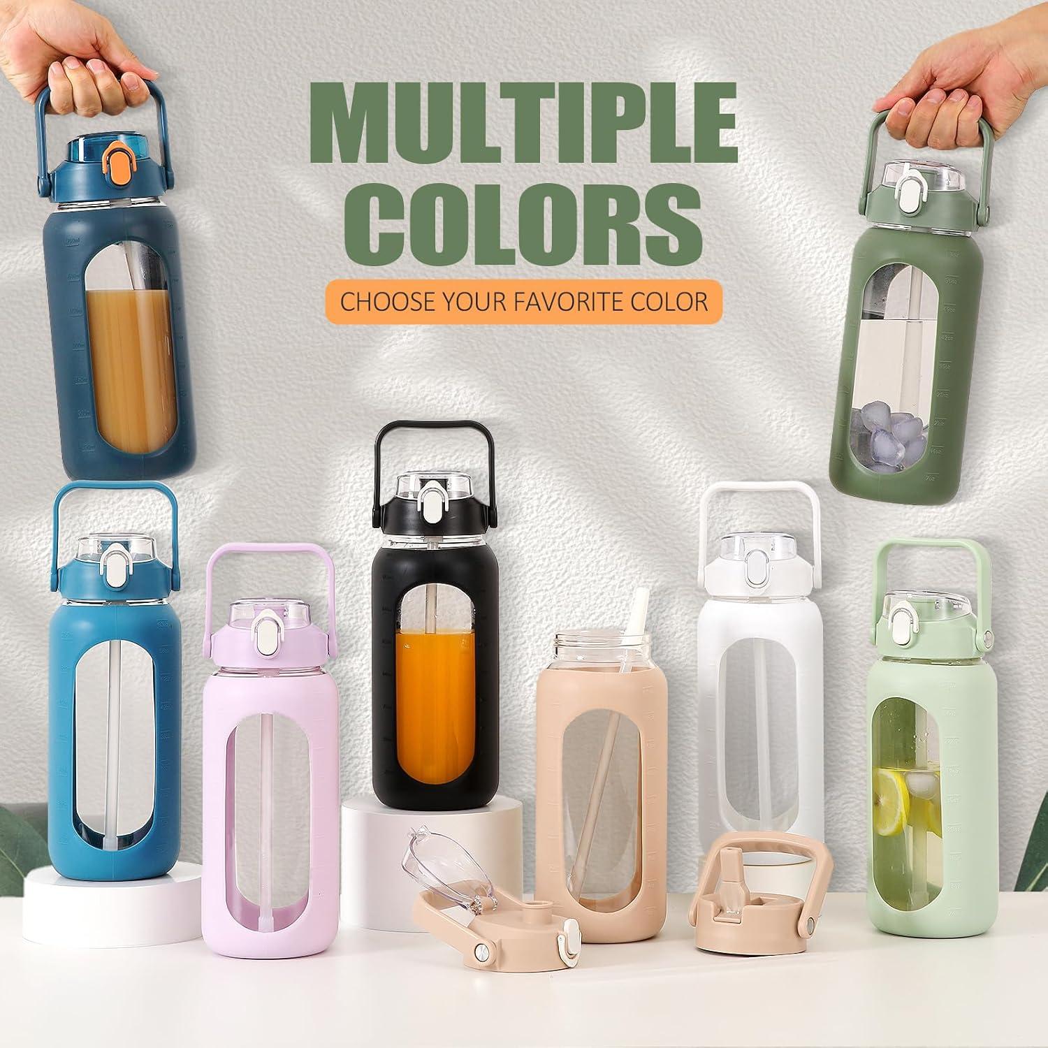 image:imageBLUEGO 2000ml Bouteilles deau en verre avec 2 couvercles Gourd avec paille 2L Grande bouteille deau avec marqueurs de temps et de capacit pour salle de sport Maison tanche AmbreOlive