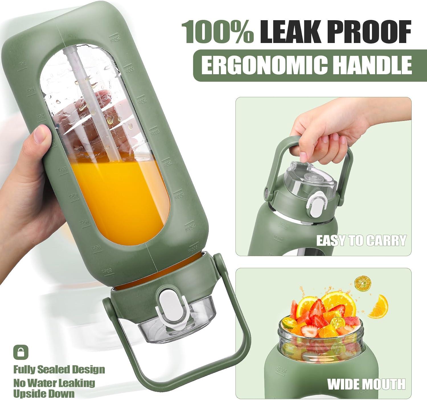 image:imageBLUEGO 2000ml Bouteilles deau en verre avec 2 couvercles Gourd avec paille 2L Grande bouteille deau avec marqueurs de temps et de capacit pour salle de sport Maison tanche AmbreOlive