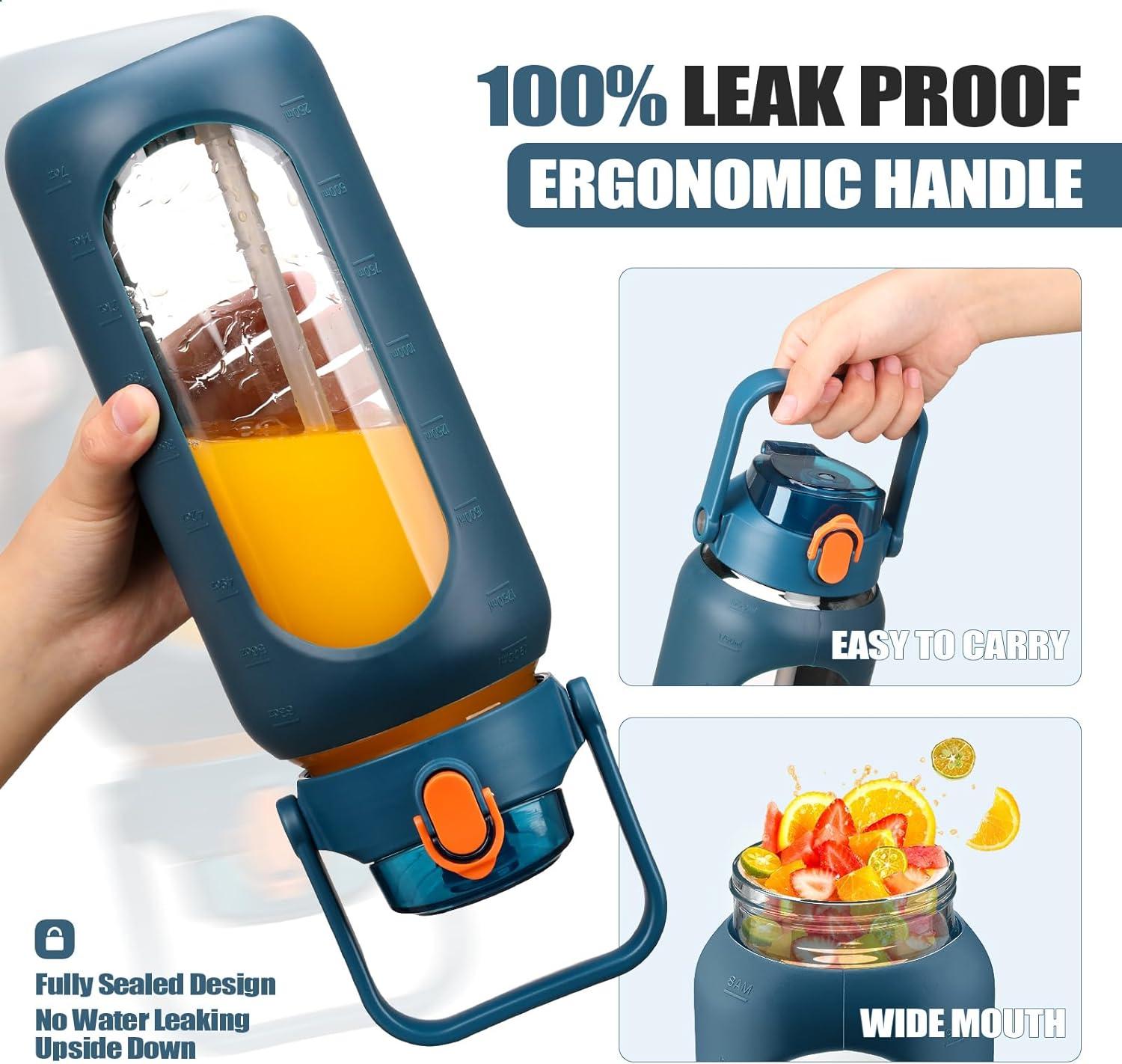 image:imageBLUEGO 2000ml Bouteilles deau en verre avec 2 couvercles Gourd avec paille 2L Grande bouteille deau avec marqueurs de temps et de capacit pour salle de sport Maison tanche AmbreBleu Fonc