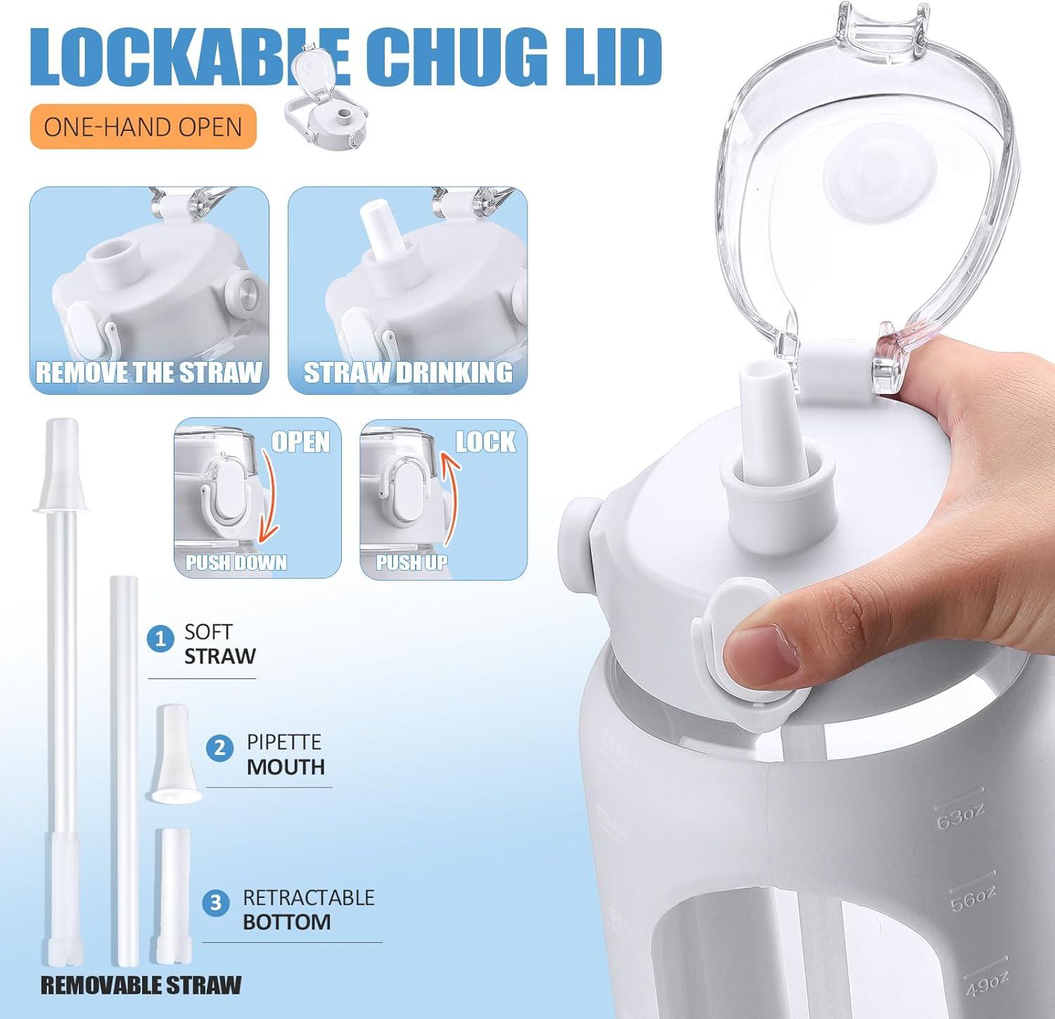 image:imageBLUEGO 2000ml Bouteilles deau en verre avec 2 couvercles Gourd avec paille 2L Grande bouteille deau avec marqueurs de temps et de capacit pour salle de sport Maison tanche AmbreBlanc