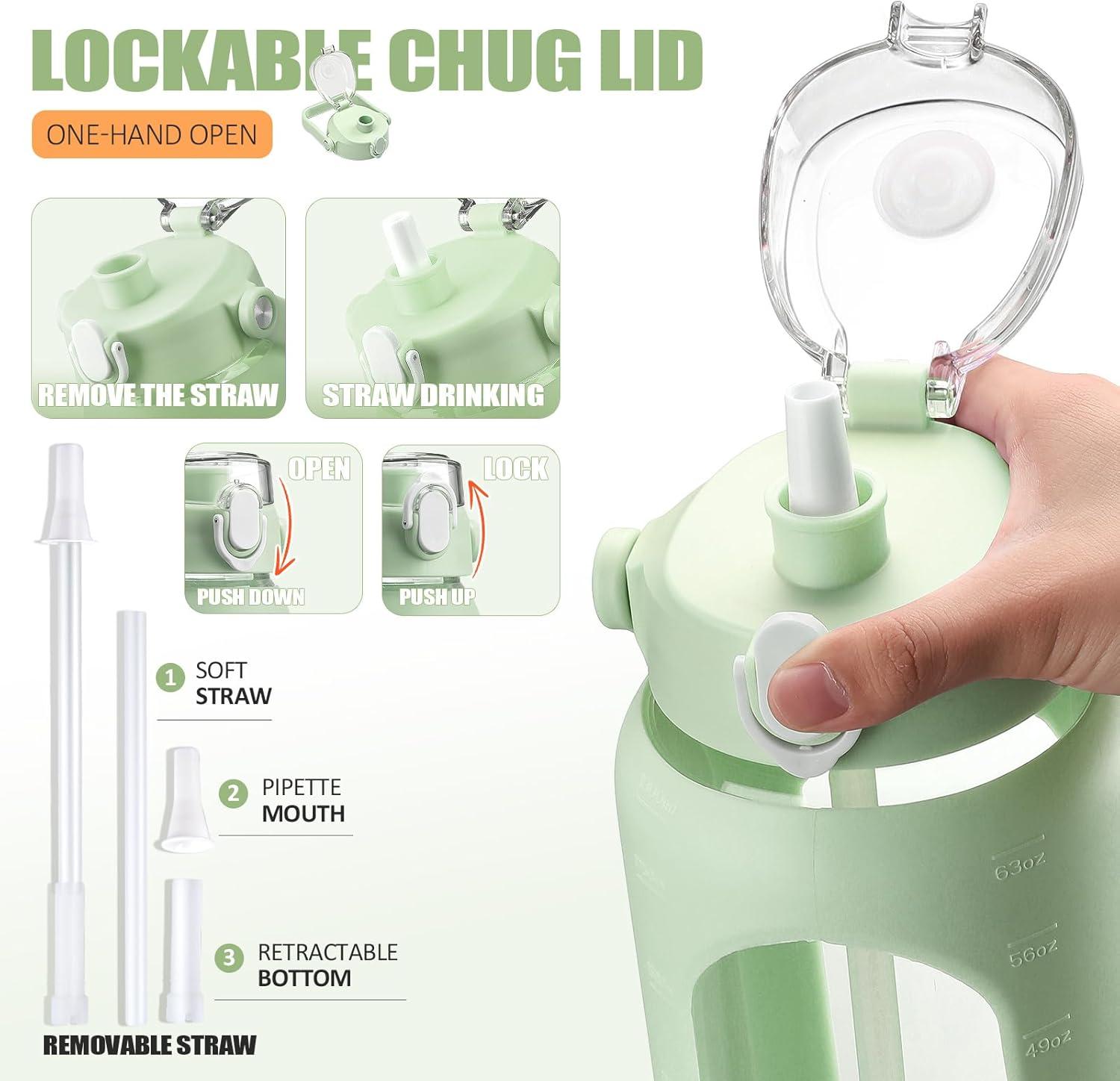 image:imageBLUEGO 2000ml Bouteilles deau en verre avec 2 couvercles Gourd avec paille 2L Grande bouteille deau avec marqueurs de temps et de capacit pour salle de sport Maison tanche AmbreGris