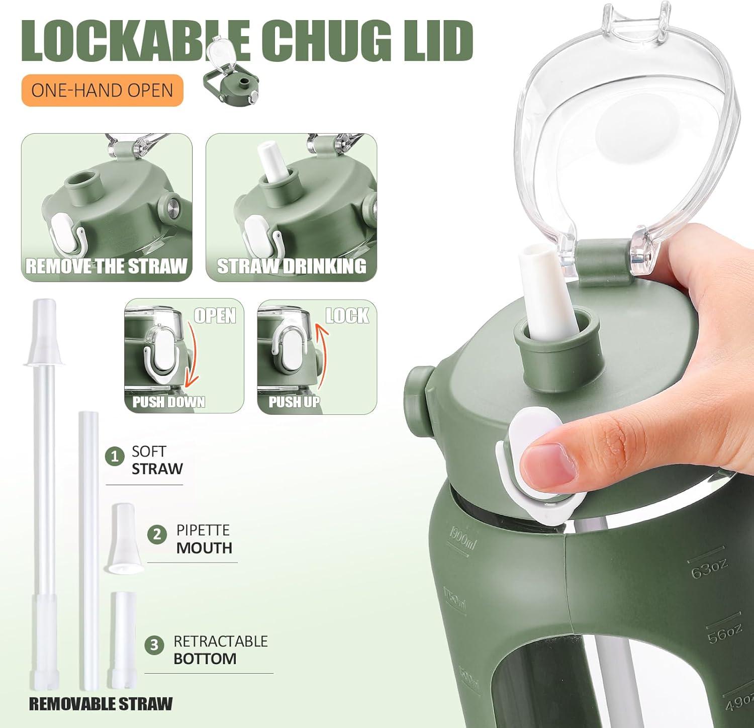 image:imageBLUEGO 2000ml Bouteilles deau en verre avec 2 couvercles Gourd avec paille 2L Grande bouteille deau avec marqueurs de temps et de capacit pour salle de sport Maison tanche AmbreOlive