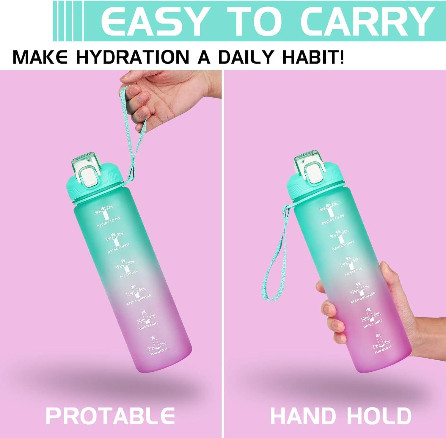 image:imageCodiCile Gourde Sport 1l avec paillebouteille deau de motivation avec Marqueur de Tempsbouteille deau tanche avec couvercle sans BPA pour sport gym bureau course piedviolet dgradDgrad au Vert