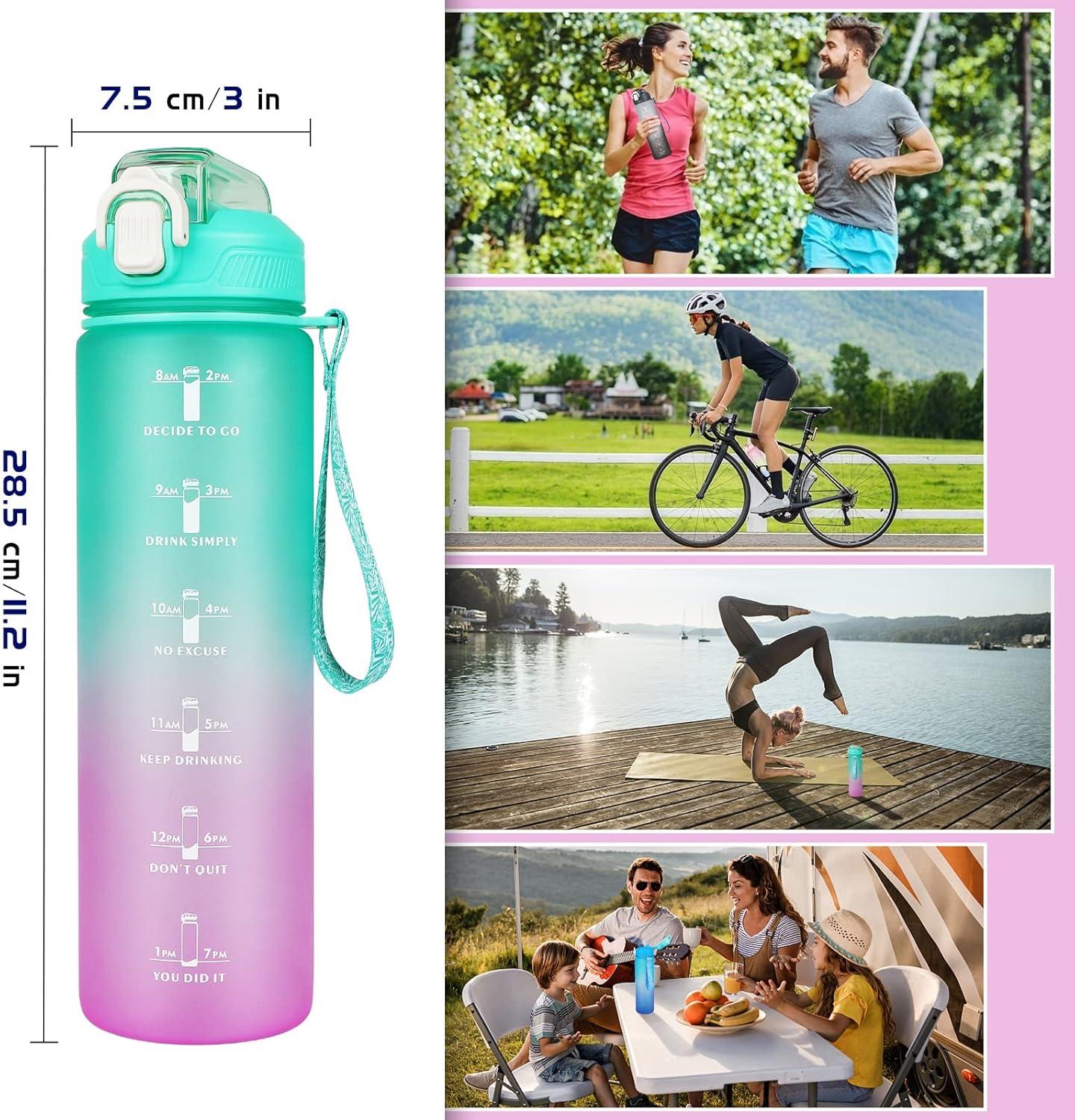 image:imageCodiCile Gourde Sport 1l avec paillebouteille deau de motivation avec Marqueur de Tempsbouteille deau tanche avec couvercle sans BPA pour sport gym bureau course piedviolet dgradDgrad au Vert