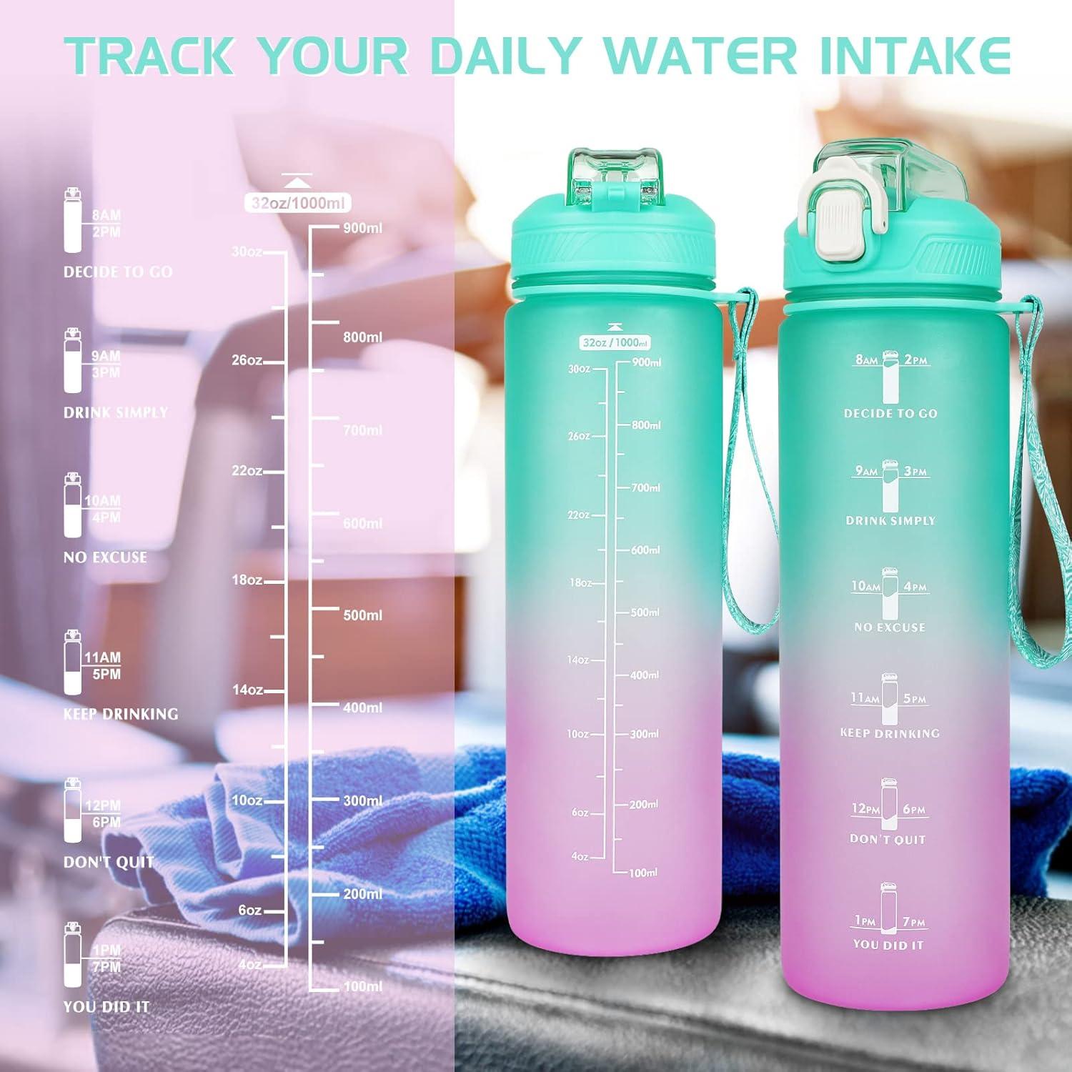 image:imageCodiCile Gourde Sport 1l avec paillebouteille deau de motivation avec Marqueur de Tempsbouteille deau tanche avec couvercle sans BPA pour sport gym bureau course piedviolet dgradDgrad au Vert