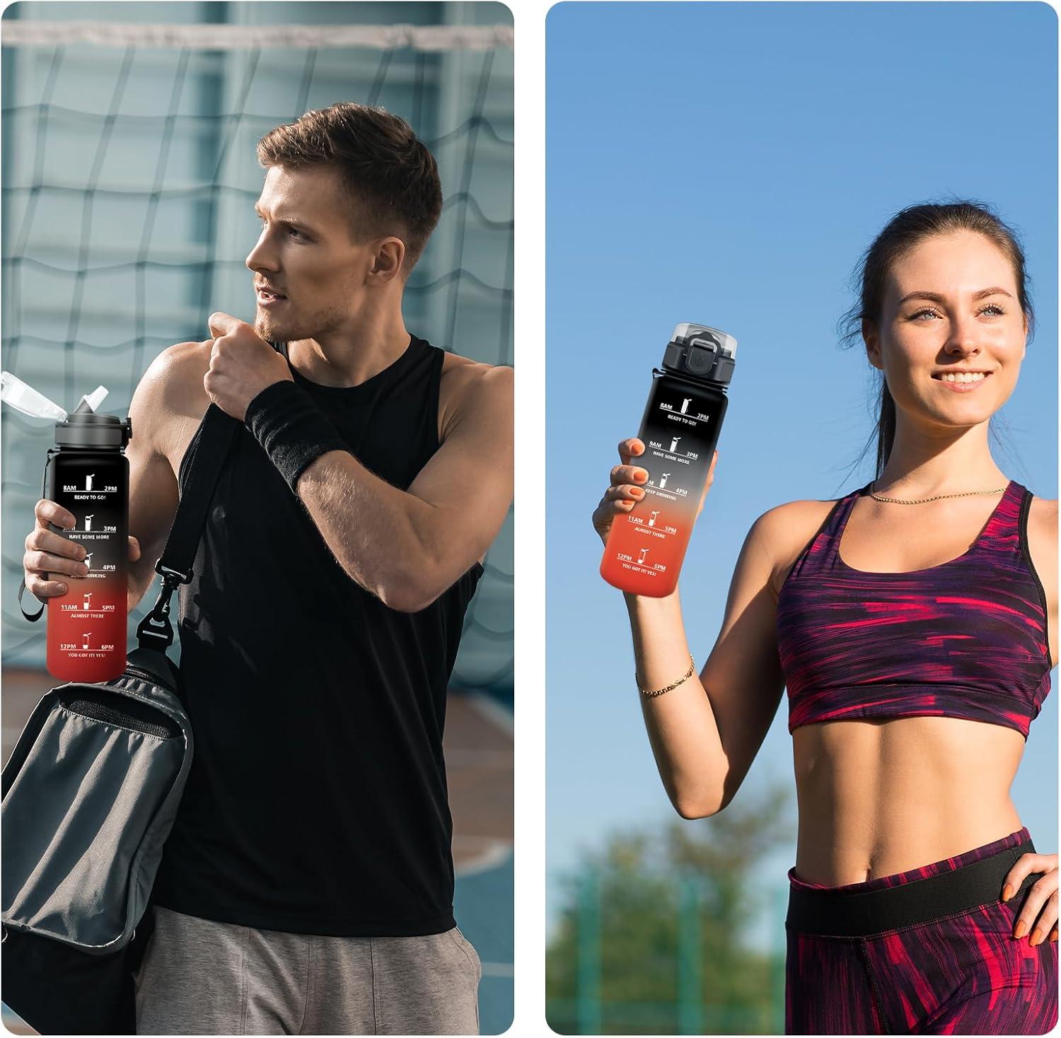 image:imageGourde Motivation 1L Gourde avec Paille sans BPA Bouteille deau de Motivation avec Marqueur de Temps tanche et Rutilisable Bouteille Rutilisable pour lcole Sport Bureau Yoga Camping32oz1000ml Paille Noir Rouge