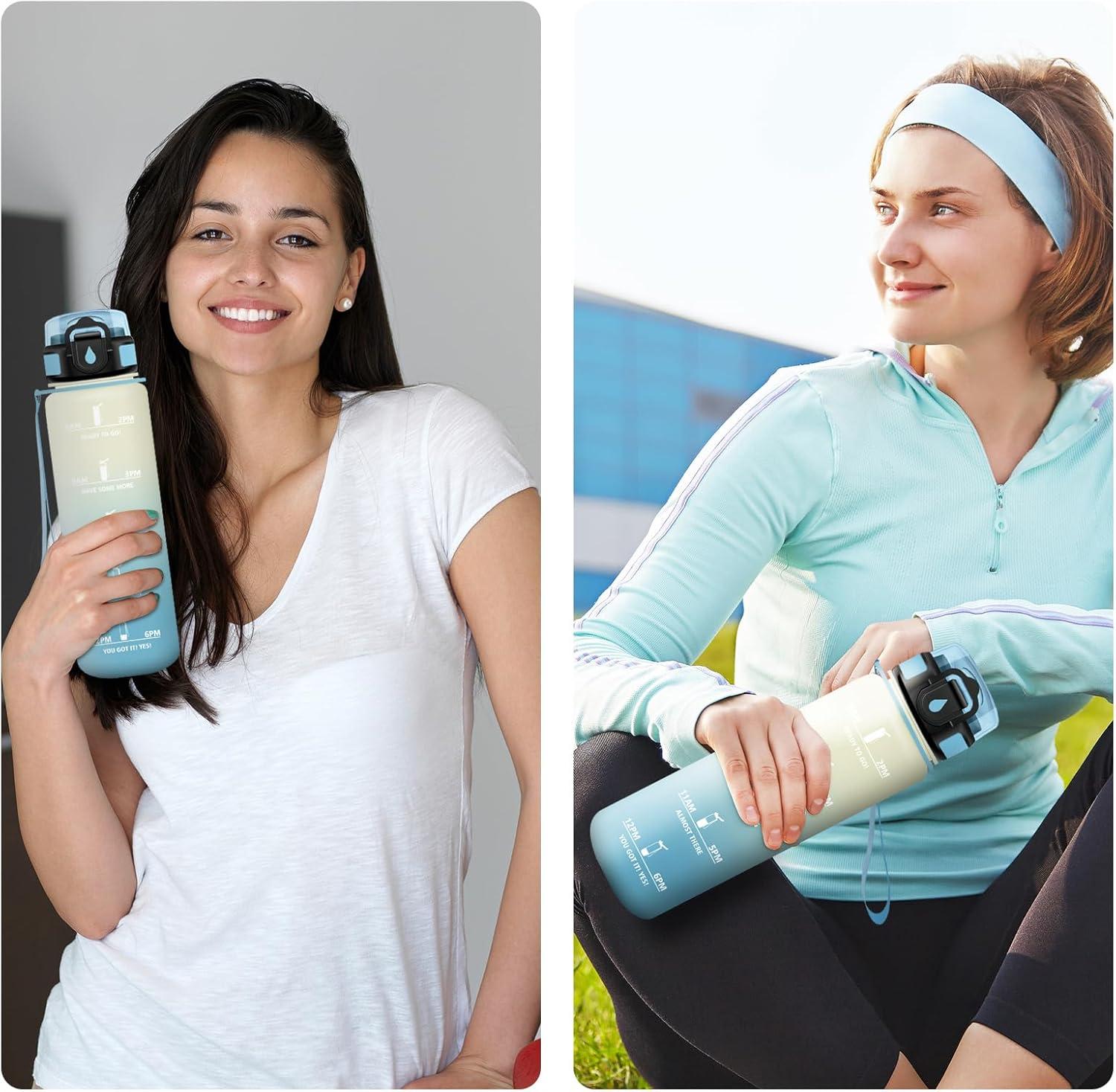 image:imageGourde Motivation 1L Gourde avec Paille sans BPA Bouteille deau de Motivation avec Marqueur de Temps tanche et Rutilisable Bouteille Rutilisable pour lcole Sport Bureau Yoga Camping32oz1000ml Paille Blanc Bleu Clair