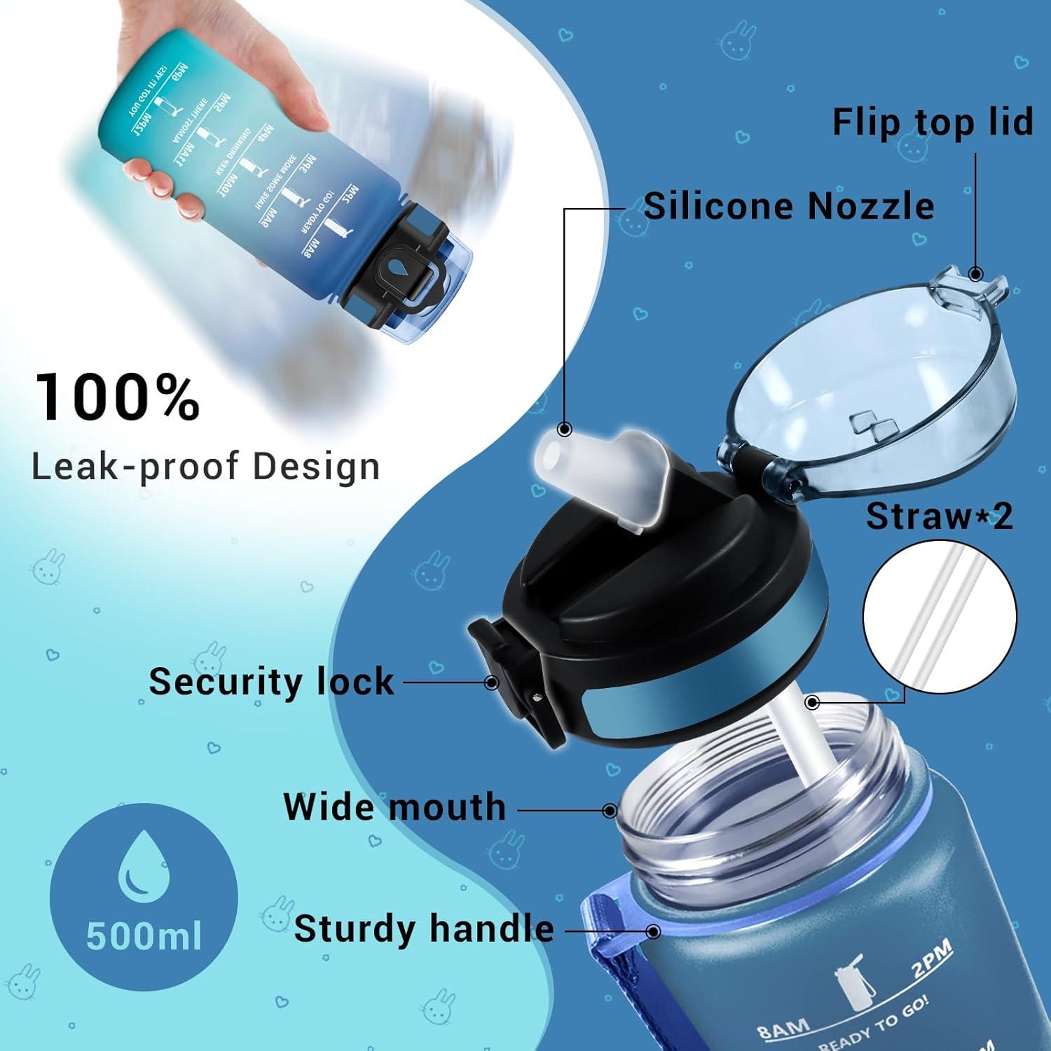 image:imageGourde Motivation 1L Gourde avec Paille sans BPA Bouteille deau de Motivation avec Marqueur de Temps tanche et Rutilisable Bouteille Rutilisable pour lcole Sport Bureau Yoga Camping17oz500ml Paille Bleu Vert