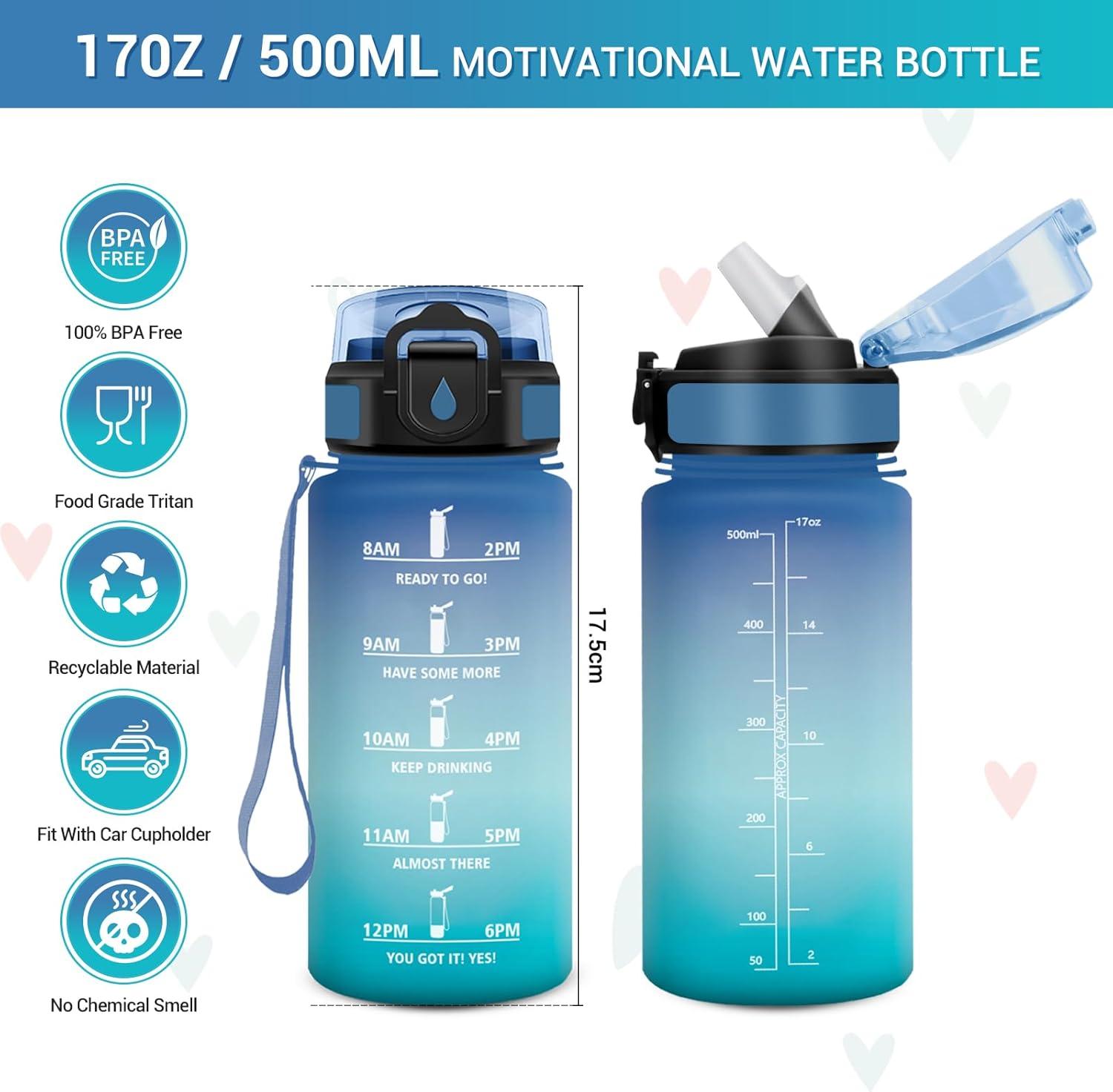 image:imageGourde Motivation 1L Gourde avec Paille sans BPA Bouteille deau de Motivation avec Marqueur de Temps tanche et Rutilisable Bouteille Rutilisable pour lcole Sport Bureau Yoga Camping17oz500ml Paille Bleu Vert