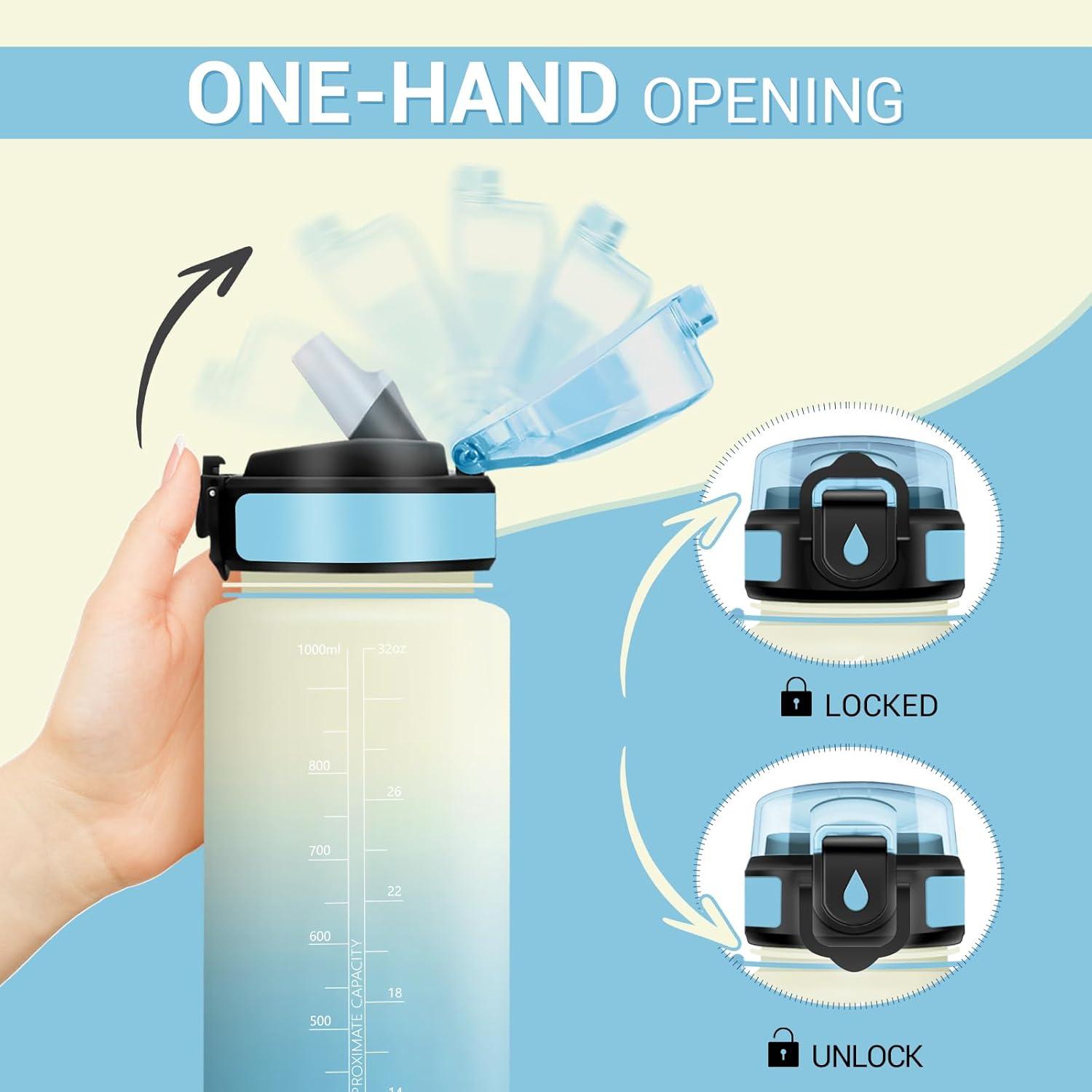 image:imageGourde Motivation 1L Gourde avec Paille sans BPA Bouteille deau de Motivation avec Marqueur de Temps tanche et Rutilisable Bouteille Rutilisable pour lcole Sport Bureau Yoga Camping32oz1000ml Paille Blanc Bleu Clair