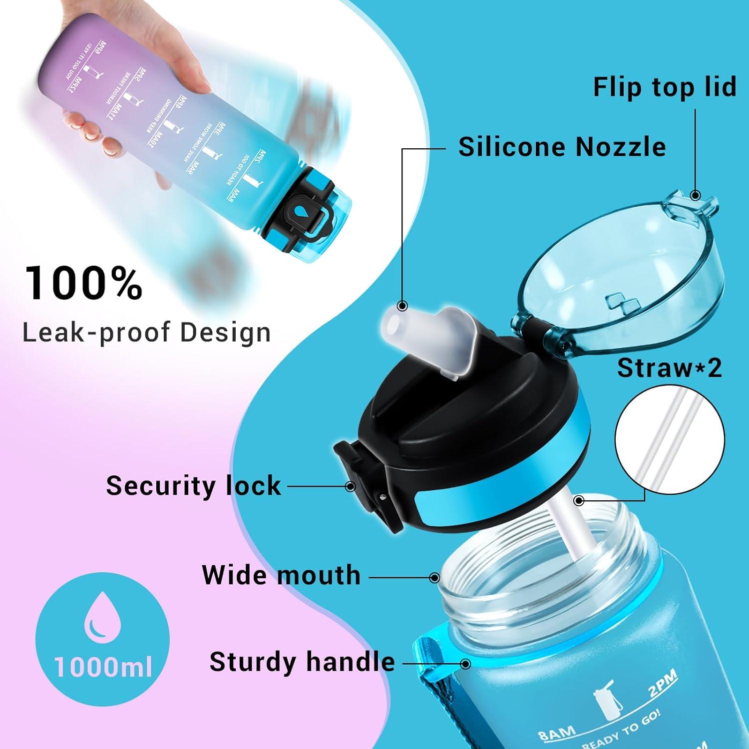 image:imageGourde Motivation 1L Gourde avec Paille sans BPA Bouteille deau de Motivation avec Marqueur de Temps tanche et Rutilisable Bouteille Rutilisable pour lcole Sport Bureau Yoga Camping32oz1000ml Paille Bleu Violet