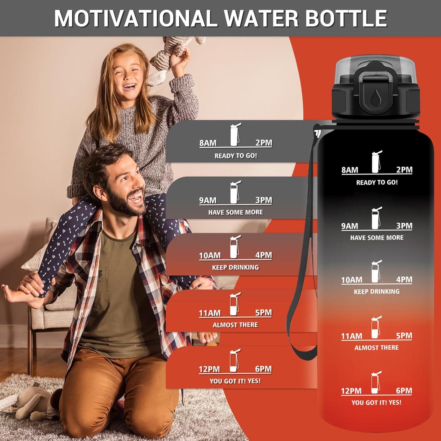 image:imageGourde Motivation 1L Gourde avec Paille sans BPA Bouteille deau de Motivation avec Marqueur de Temps tanche et Rutilisable Bouteille Rutilisable pour lcole Sport Bureau Yoga Camping50oz1500ml Paille Noir Rouge
