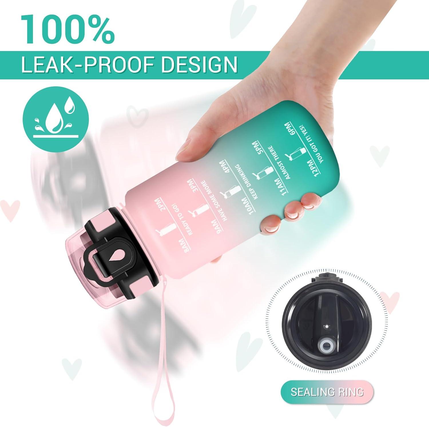 image:imageGourde Motivation 1L Gourde avec Paille sans BPA Bouteille deau de Motivation avec Marqueur de Temps tanche et Rutilisable Bouteille Rutilisable pour lcole Sport Bureau Yoga Camping17oz500ml Paille Rose Cyan