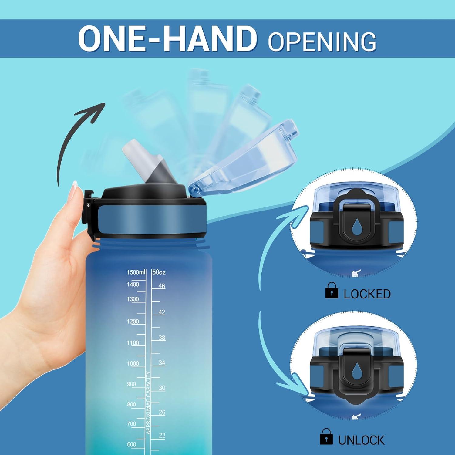 image:imageGourde Motivation 1L Gourde avec Paille sans BPA Bouteille deau de Motivation avec Marqueur de Temps tanche et Rutilisable Bouteille Rutilisable pour lcole Sport Bureau Yoga Camping50oz1500ml Paille Bleu Vert