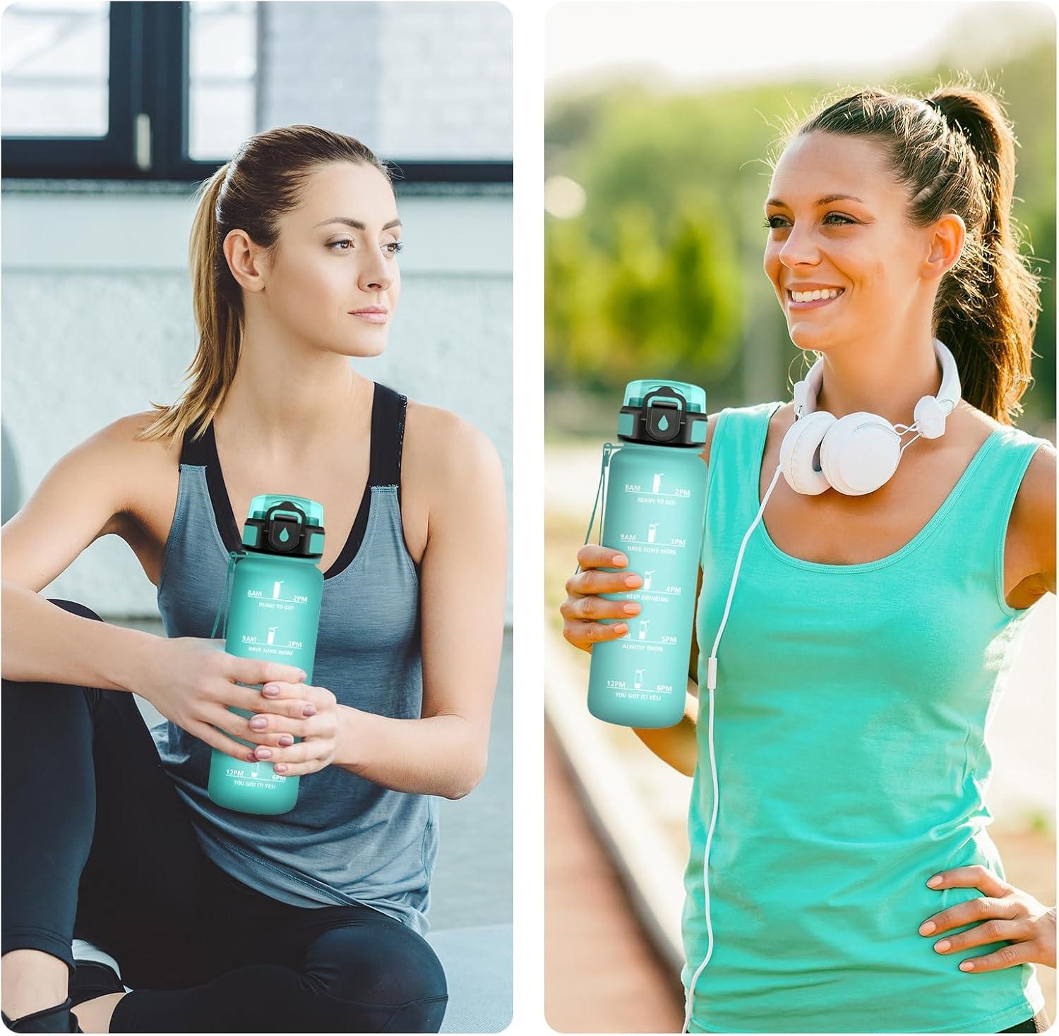 image:imageGourde Motivation 1L Gourde avec Paille sans BPA Bouteille deau de Motivation avec Marqueur de Temps tanche et Rutilisable Bouteille Rutilisable pour lcole Sport Bureau Yoga Camping32oz1000ml Paille Mat Bleuvert
