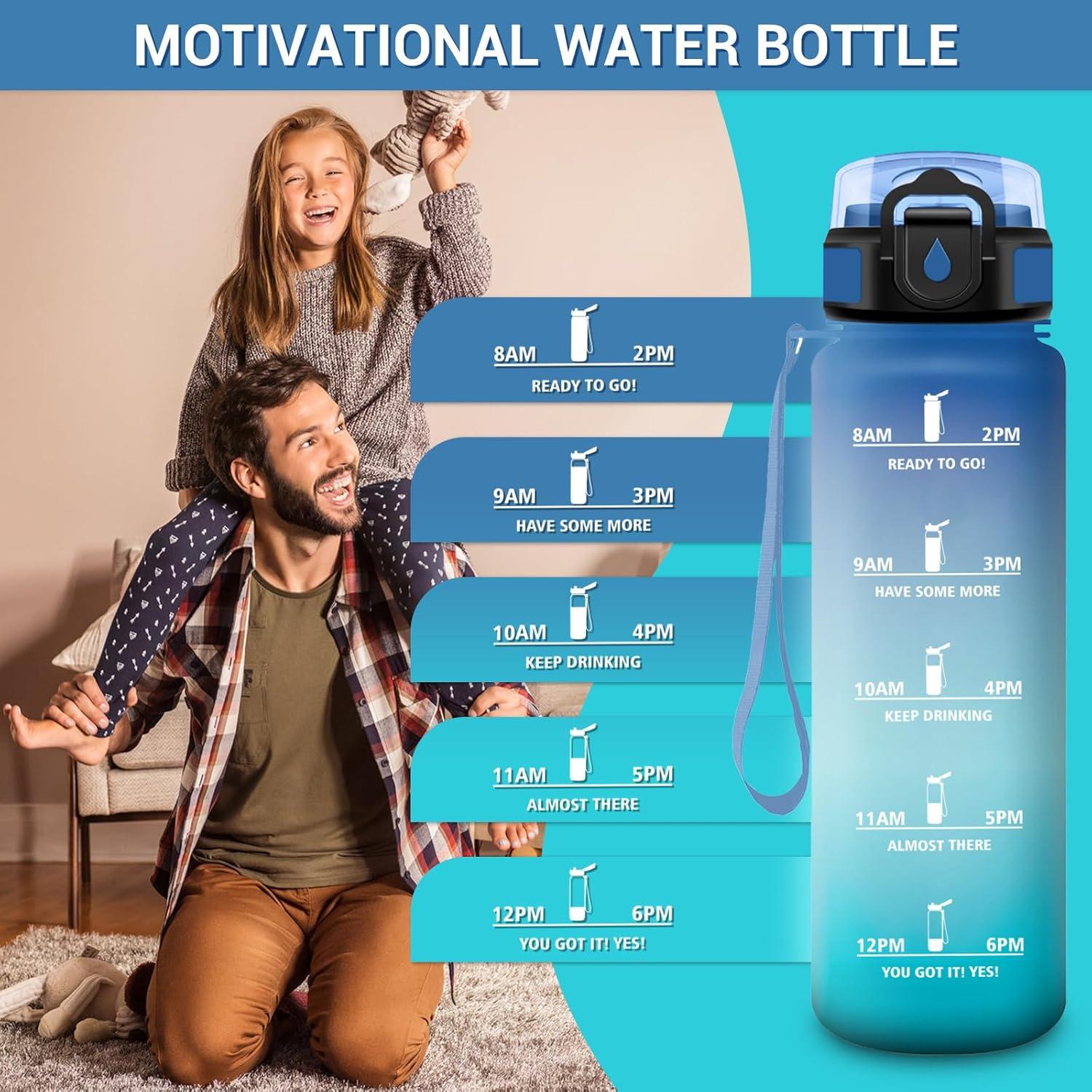 image:imageGourde Motivation 1L Gourde avec Paille sans BPA Bouteille deau de Motivation avec Marqueur de Temps tanche et Rutilisable Bouteille Rutilisable pour lcole Sport Bureau Yoga Camping32oz1000ml Paille Bleu Vert
