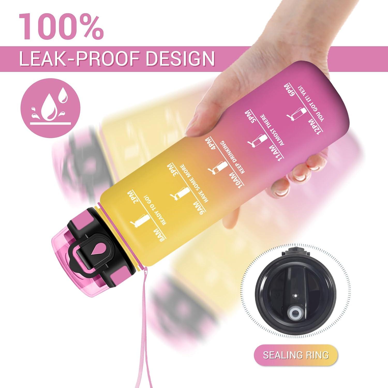 image:imageGourde Motivation 1L Gourde avec Paille sans BPA Bouteille deau de Motivation avec Marqueur de Temps tanche et Rutilisable Bouteille Rutilisable pour lcole Sport Bureau Yoga Camping32oz1000ml Paille Jaune Rose