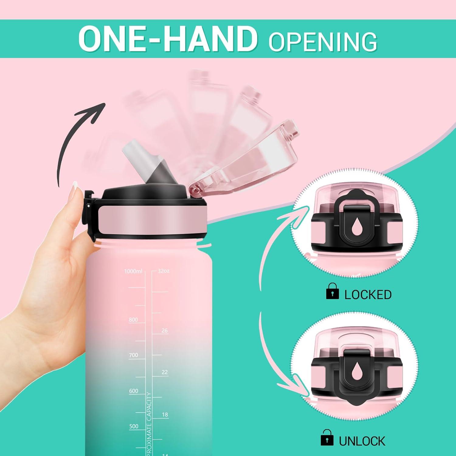 image:imageGourde Motivation 1L Gourde avec Paille sans BPA Bouteille deau de Motivation avec Marqueur de Temps tanche et Rutilisable Bouteille Rutilisable pour lcole Sport Bureau Yoga Camping32oz1000ml Paille Rose Cyan