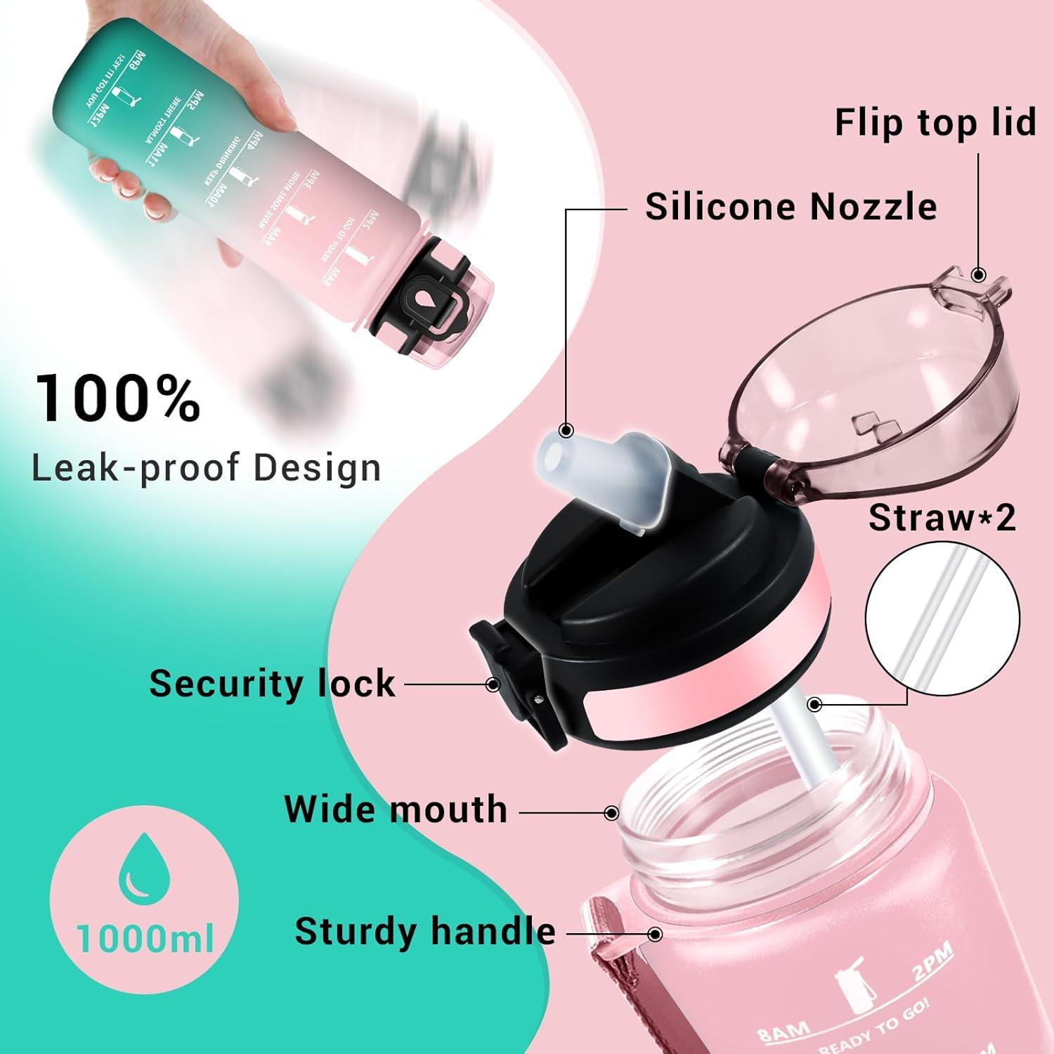 image:imageGourde Motivation 1L Gourde avec Paille sans BPA Bouteille deau de Motivation avec Marqueur de Temps tanche et Rutilisable Bouteille Rutilisable pour lcole Sport Bureau Yoga Camping32oz1000ml Paille Rose Cyan
