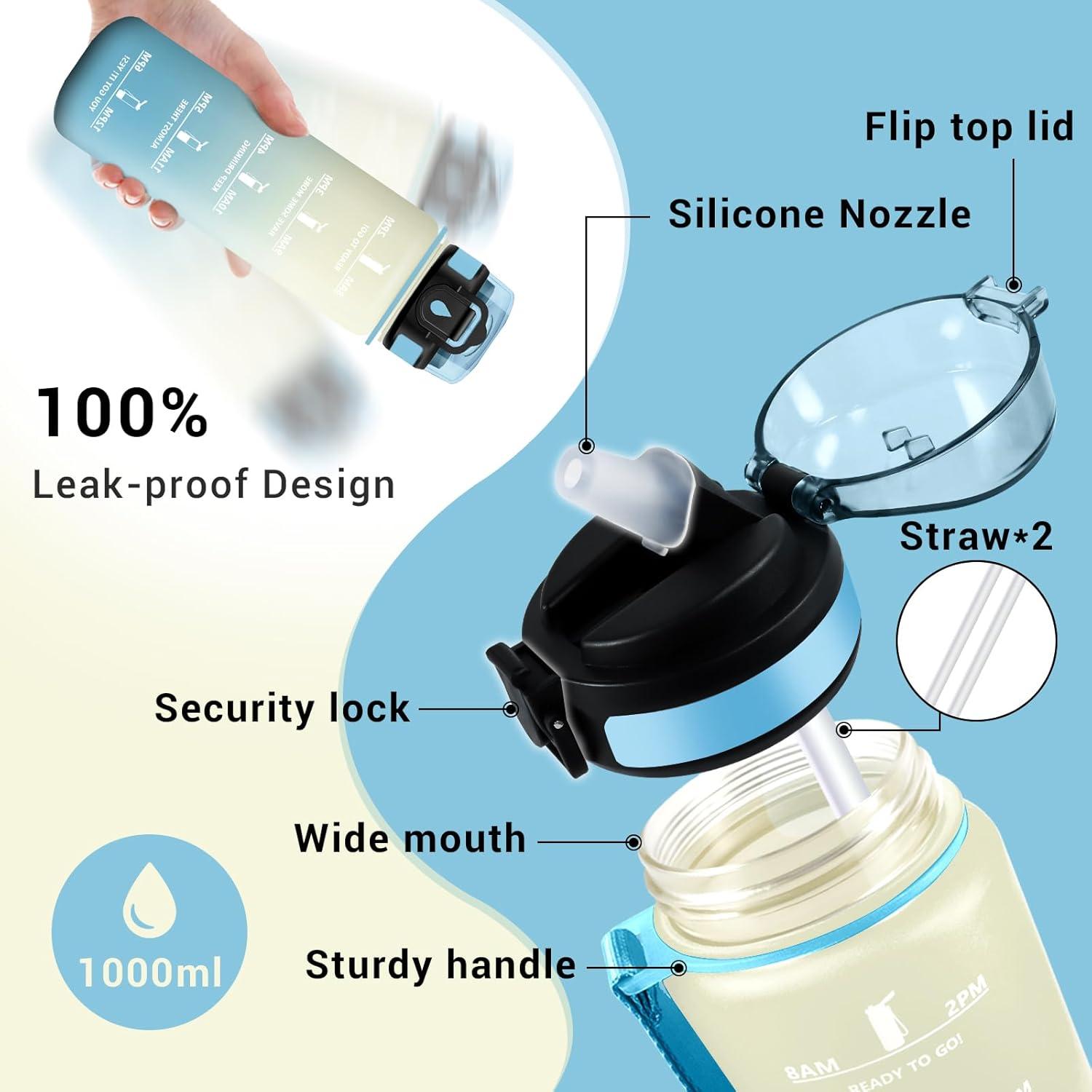 image:imageGourde Motivation 1L Gourde avec Paille sans BPA Bouteille deau de Motivation avec Marqueur de Temps tanche et Rutilisable Bouteille Rutilisable pour lcole Sport Bureau Yoga Camping32oz1000ml Paille Blanc Bleu Clair