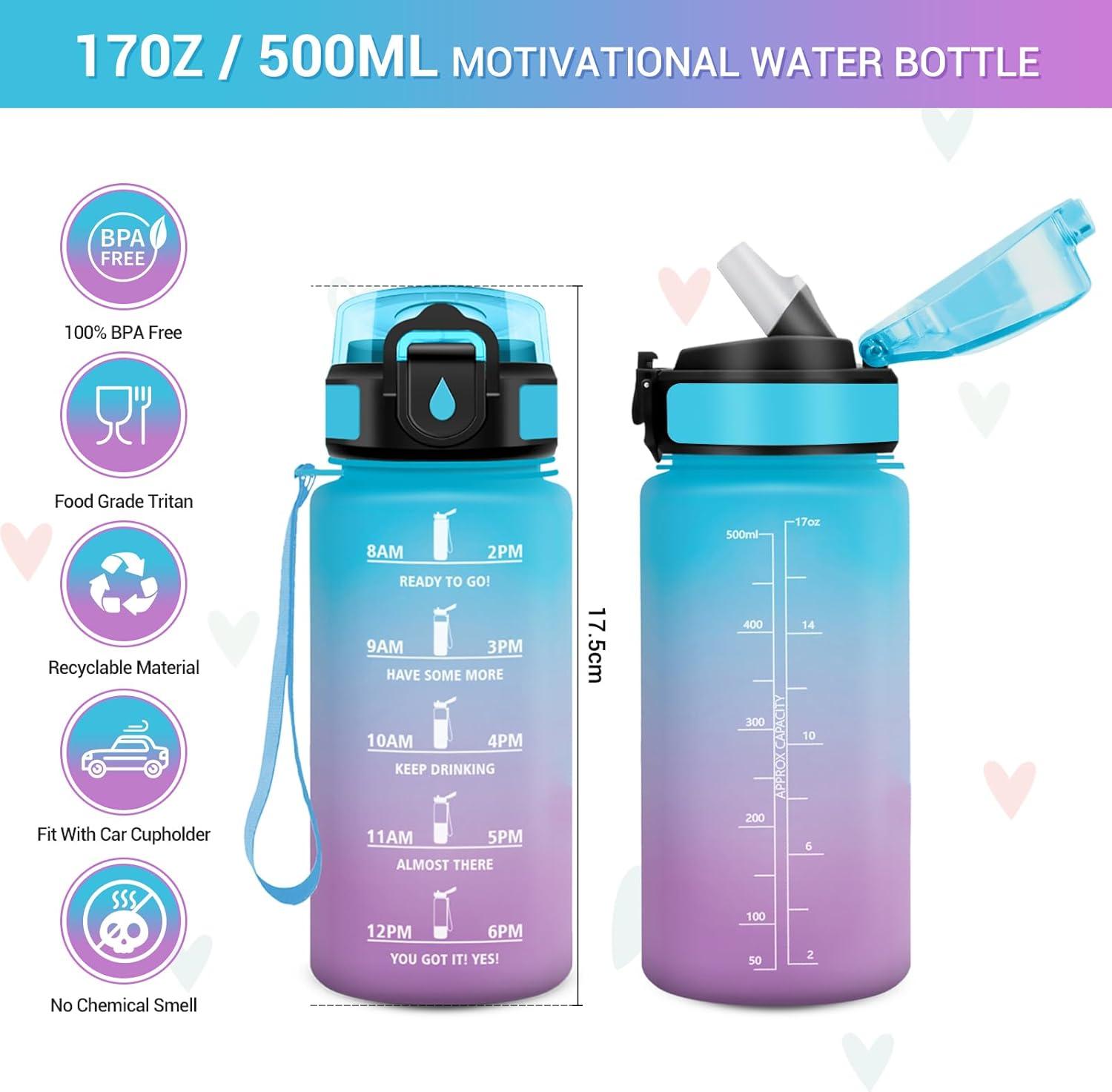 image:imageGourde Motivation 1L Gourde avec Paille sans BPA Bouteille deau de Motivation avec Marqueur de Temps tanche et Rutilisable Bouteille Rutilisable pour lcole Sport Bureau Yoga Camping17oz500ml Paille Bleu Violet