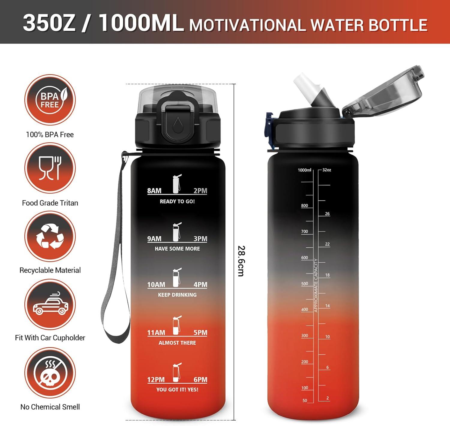 image:imageGourde Motivation 1L Gourde avec Paille sans BPA Bouteille deau de Motivation avec Marqueur de Temps tanche et Rutilisable Bouteille Rutilisable pour lcole Sport Bureau Yoga Camping32oz1000ml Paille Noir Rouge