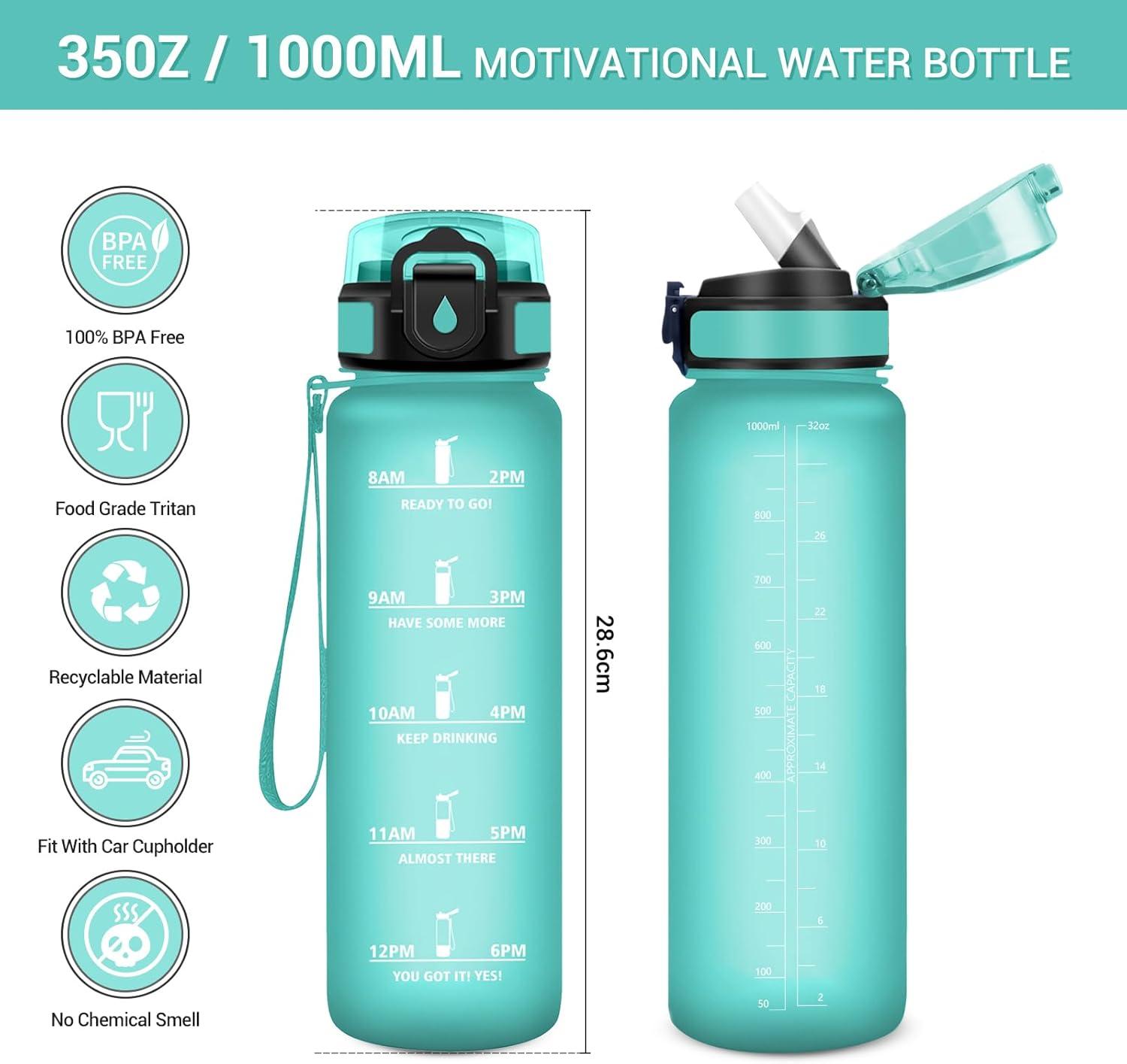 image:imageGourde Motivation 1L Gourde avec Paille sans BPA Bouteille deau de Motivation avec Marqueur de Temps tanche et Rutilisable Bouteille Rutilisable pour lcole Sport Bureau Yoga Camping32oz1000ml Paille Mat Bleuvert