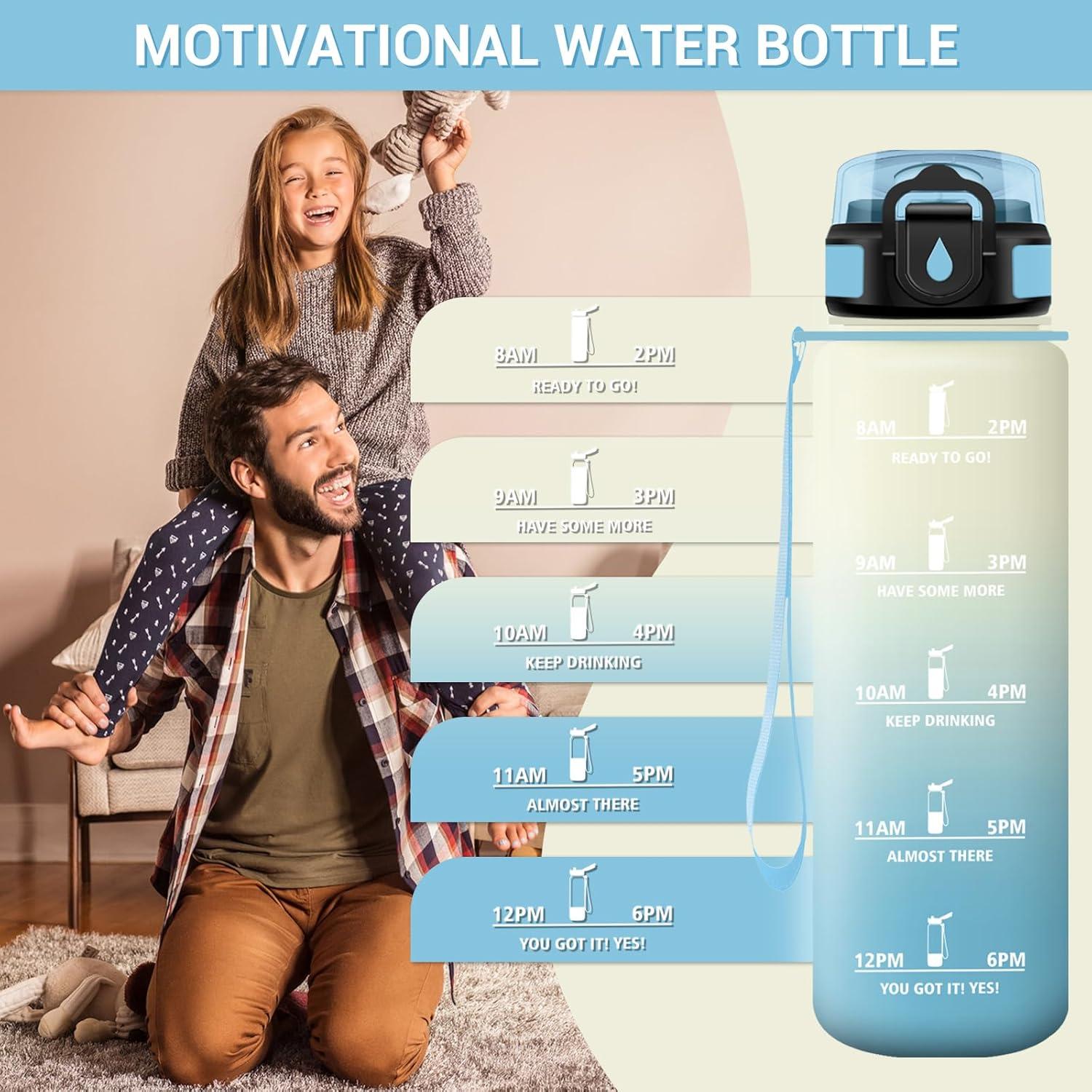 image:imageGourde Motivation 1L Gourde avec Paille sans BPA Bouteille deau de Motivation avec Marqueur de Temps tanche et Rutilisable Bouteille Rutilisable pour lcole Sport Bureau Yoga Camping32oz1000ml Paille Blanc Bleu Clair