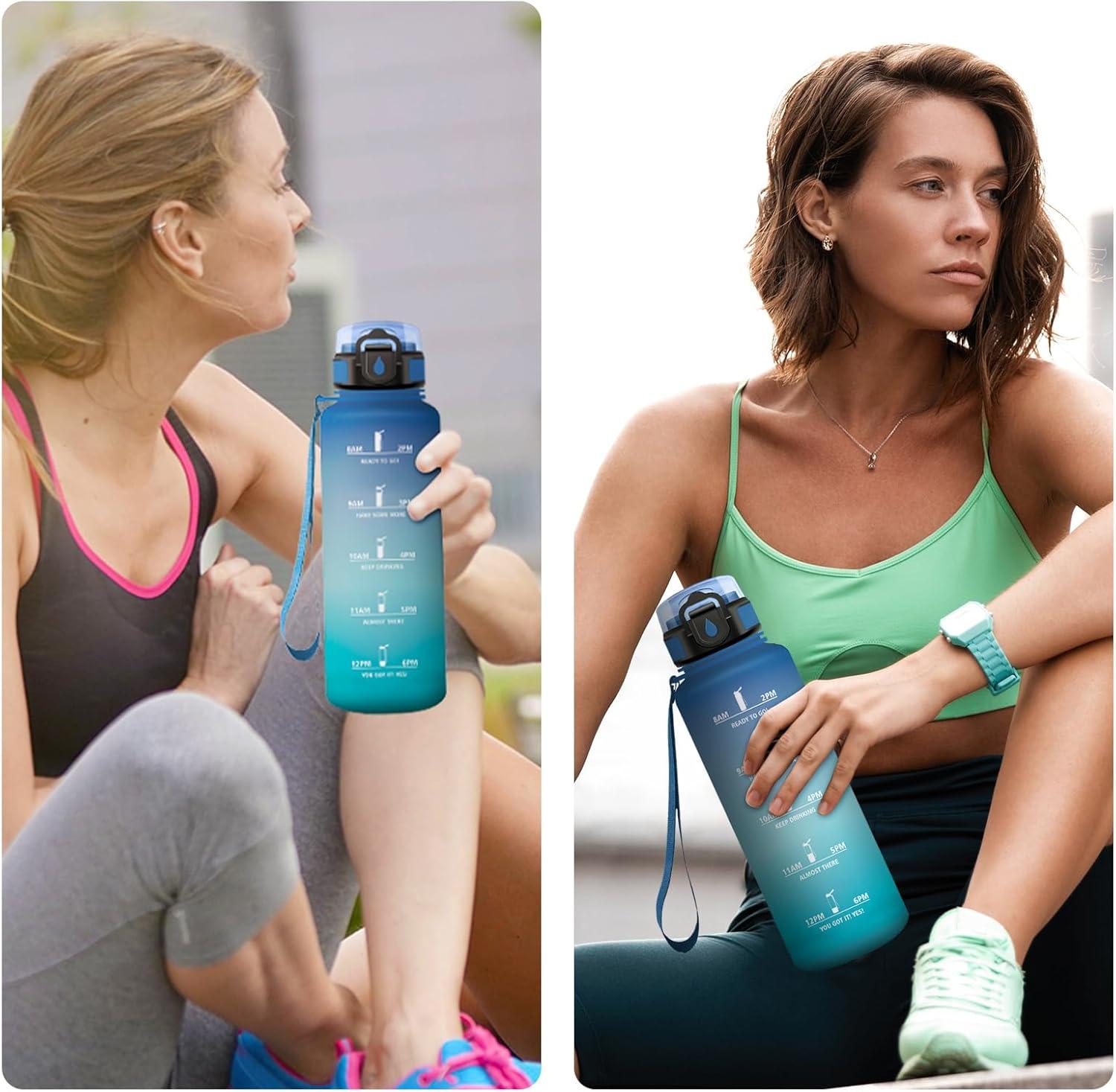image:imageGourde Motivation 1L Gourde avec Paille sans BPA Bouteille deau de Motivation avec Marqueur de Temps tanche et Rutilisable Bouteille Rutilisable pour lcole Sport Bureau Yoga Camping50oz1500ml Paille Bleu Vert