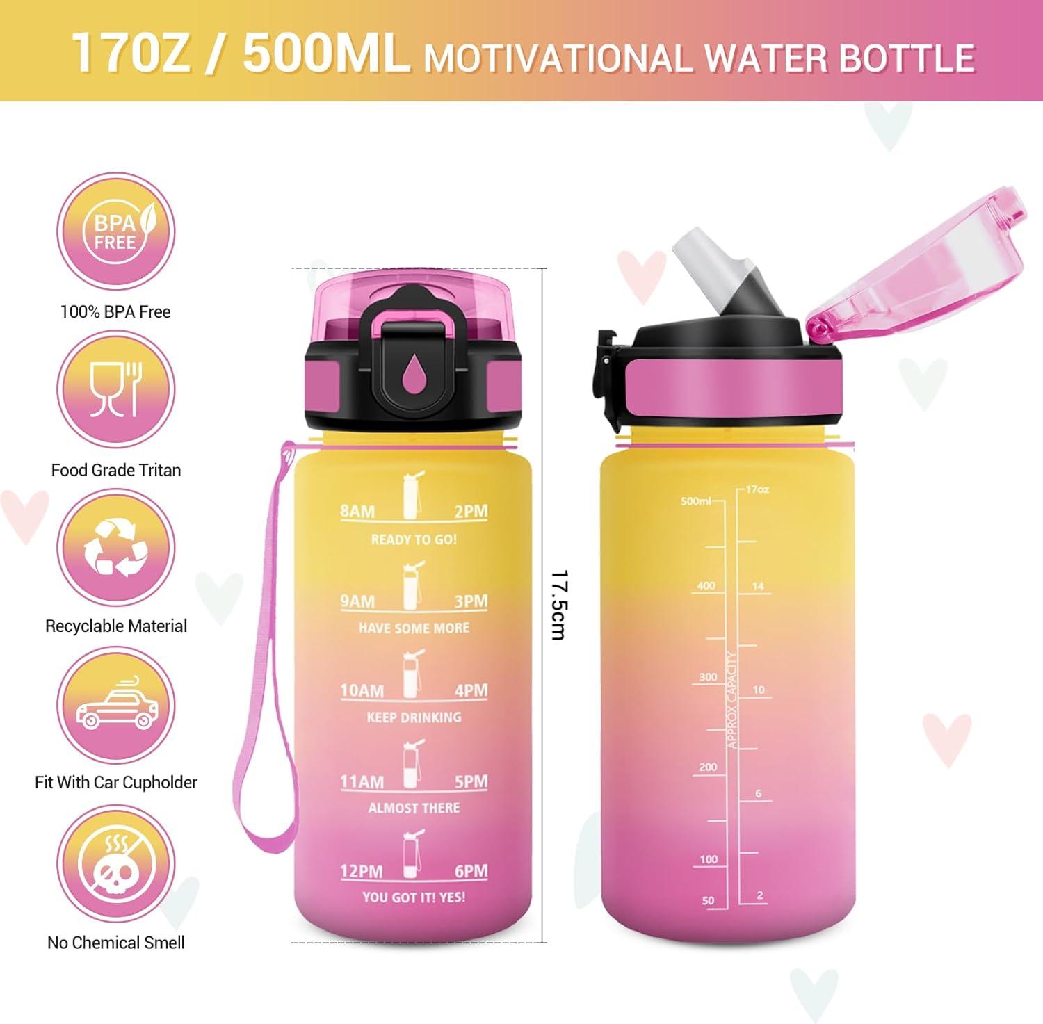 image:imageGourde Motivation 1L Gourde avec Paille sans BPA Bouteille deau de Motivation avec Marqueur de Temps tanche et Rutilisable Bouteille Rutilisable pour lcole Sport Bureau Yoga Camping17oz500ml Paille Jaune Rose