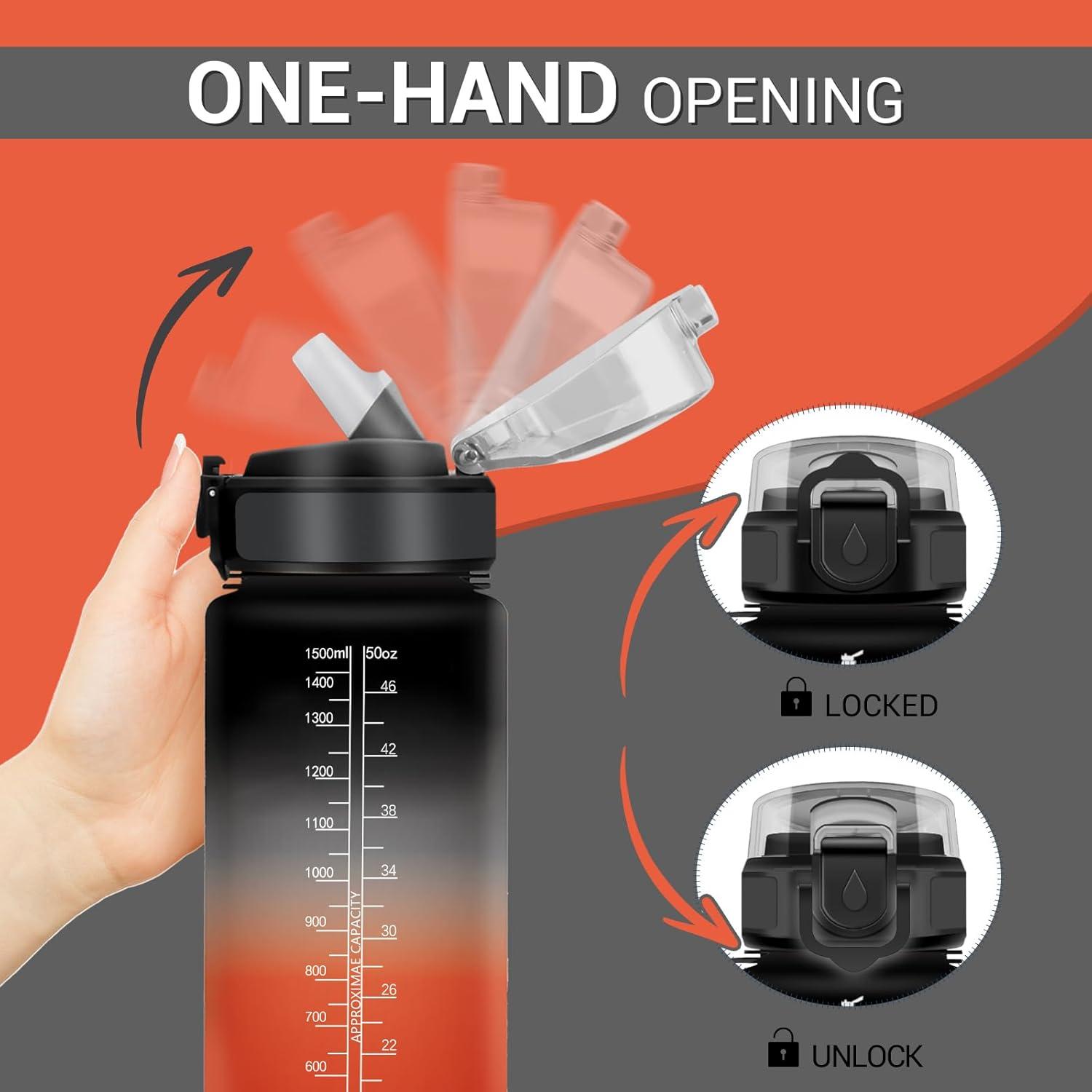 image:imageGourde Motivation 1L Gourde avec Paille sans BPA Bouteille deau de Motivation avec Marqueur de Temps tanche et Rutilisable Bouteille Rutilisable pour lcole Sport Bureau Yoga Camping50oz1500ml Paille Noir Rouge