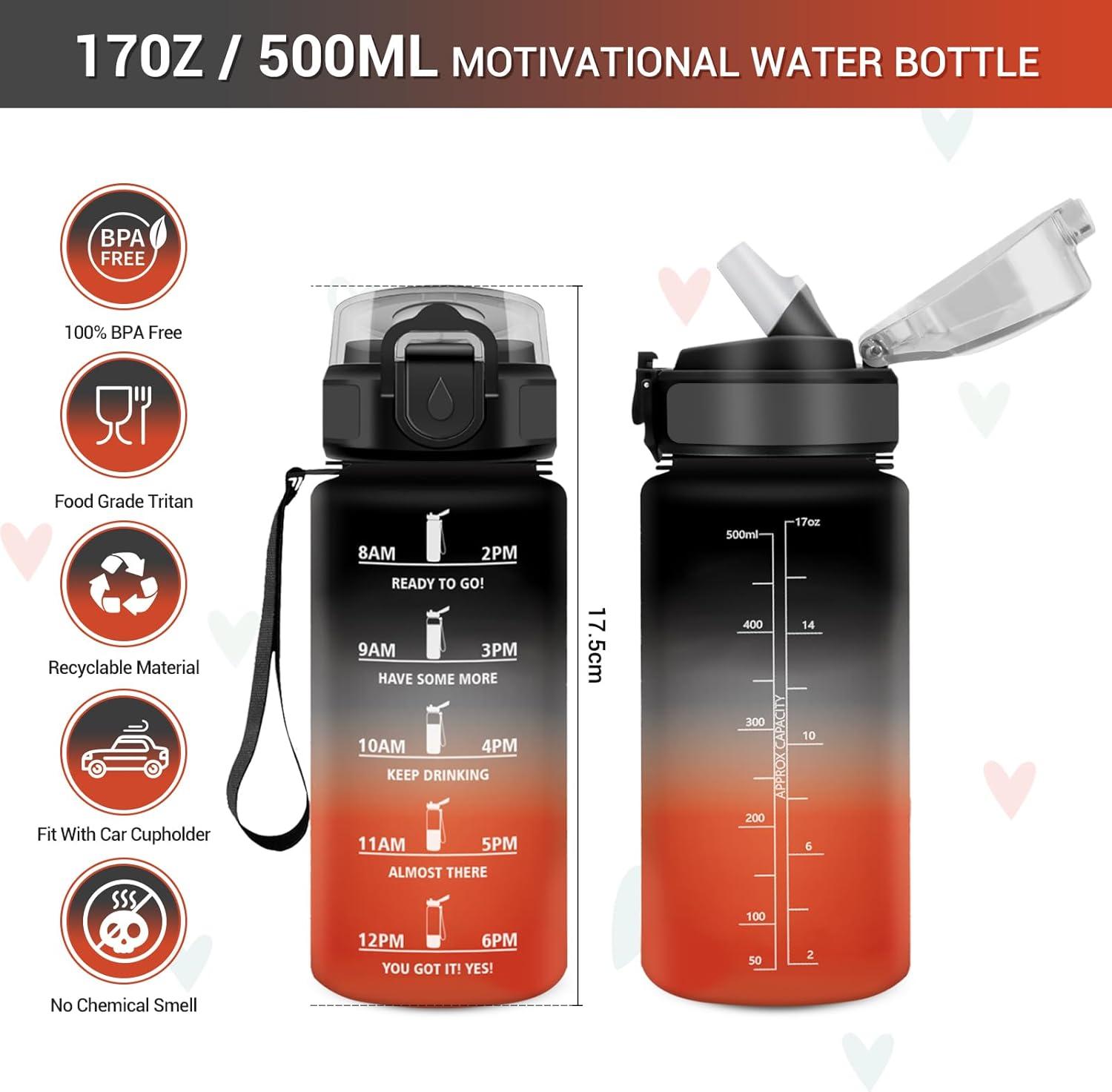 image:imageGourde Motivation 1L Gourde avec Paille sans BPA Bouteille deau de Motivation avec Marqueur de Temps tanche et Rutilisable Bouteille Rutilisable pour lcole Sport Bureau Yoga Camping17oz500ml Paille Noir Rouge