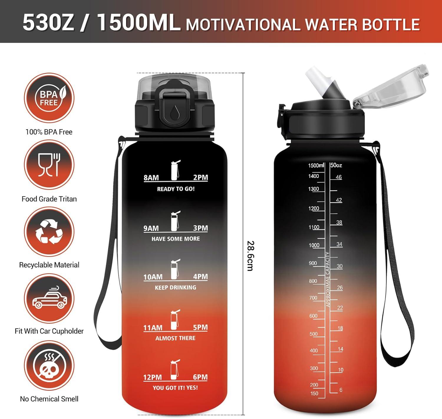 image:imageGourde Motivation 1L Gourde avec Paille sans BPA Bouteille deau de Motivation avec Marqueur de Temps tanche et Rutilisable Bouteille Rutilisable pour lcole Sport Bureau Yoga Camping50oz1500ml Paille Noir Rouge