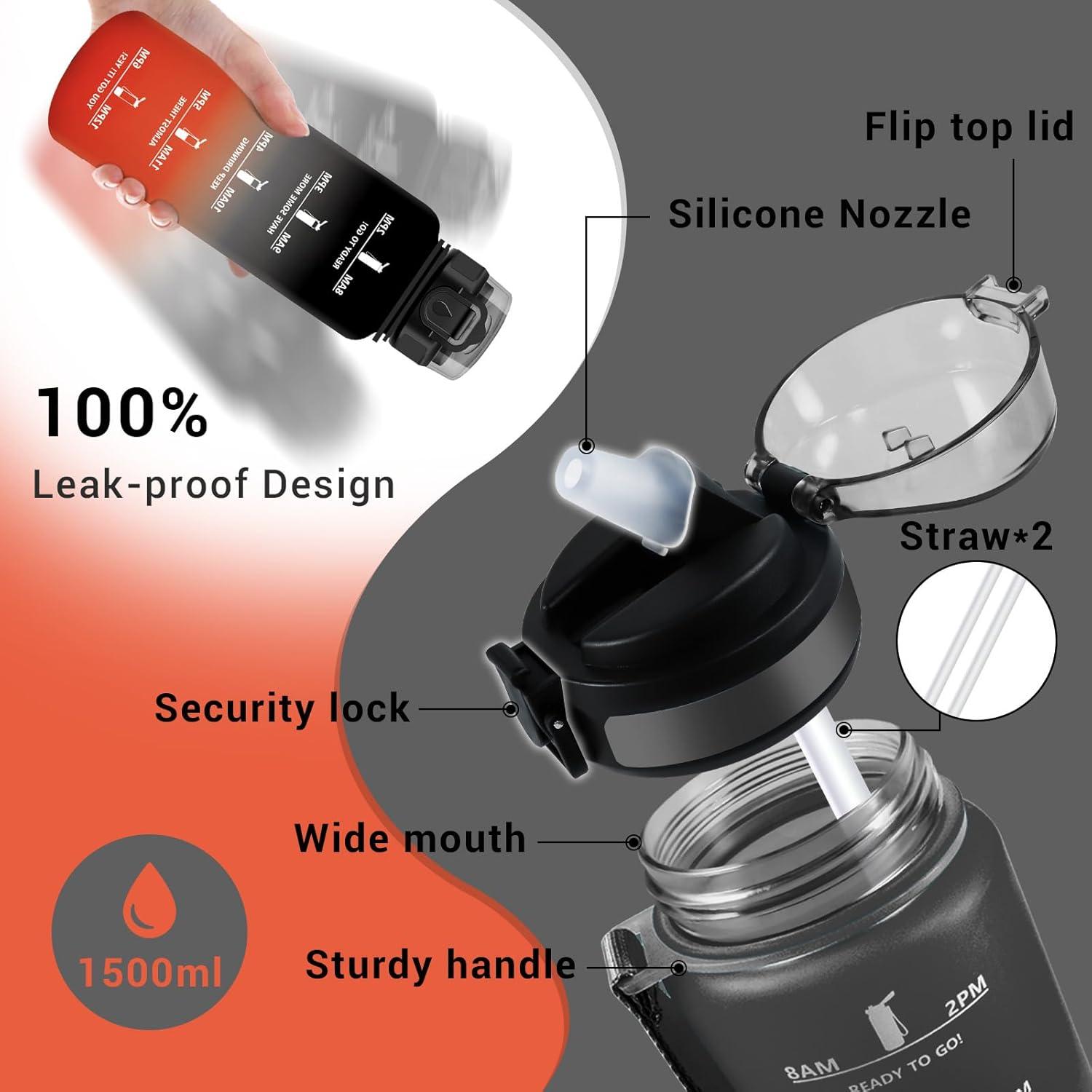 image:imageGourde Motivation 1L Gourde avec Paille sans BPA Bouteille deau de Motivation avec Marqueur de Temps tanche et Rutilisable Bouteille Rutilisable pour lcole Sport Bureau Yoga Camping50oz1500ml Paille Noir Rouge