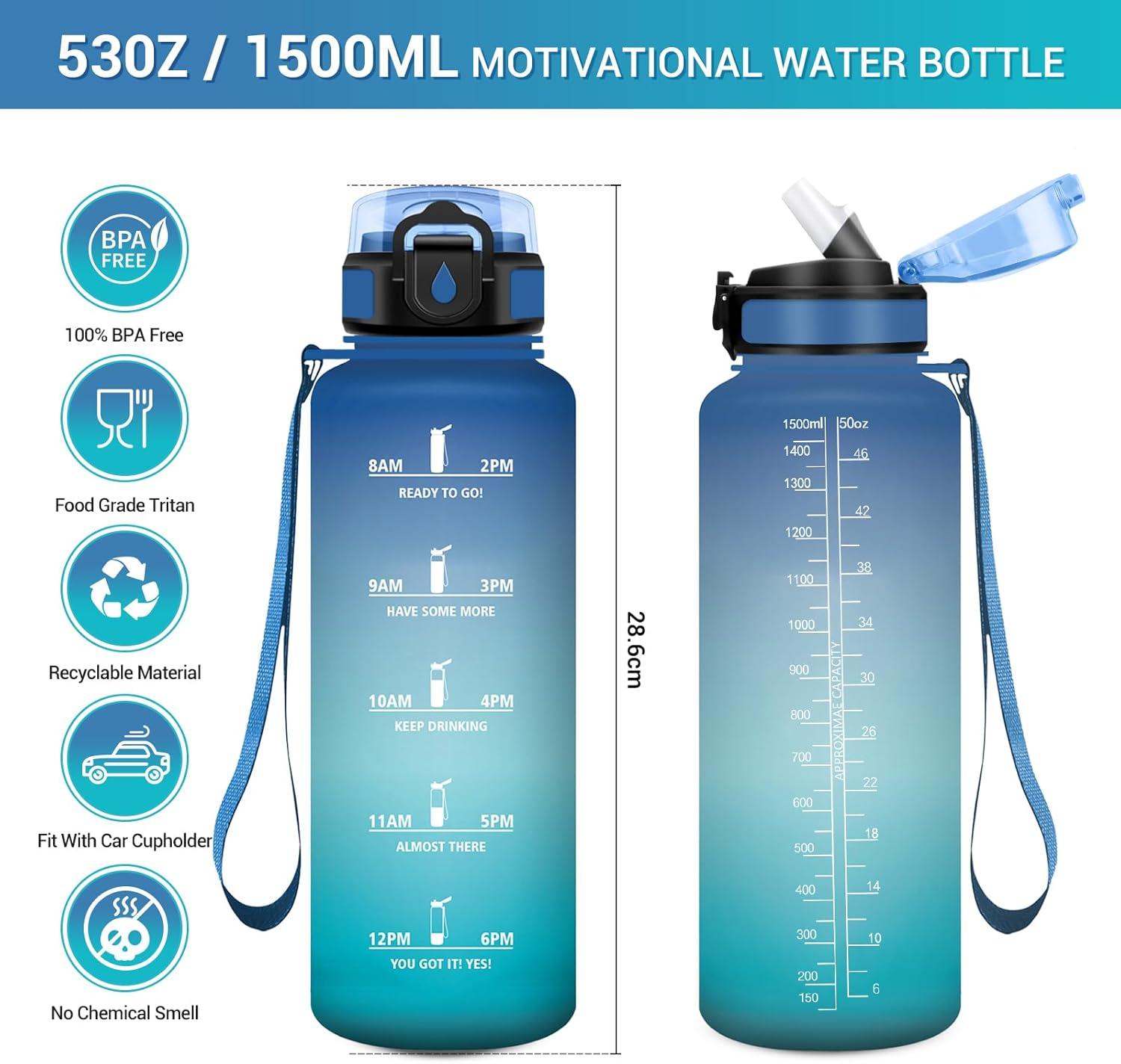 image:imageGourde Motivation 1L Gourde avec Paille sans BPA Bouteille deau de Motivation avec Marqueur de Temps tanche et Rutilisable Bouteille Rutilisable pour lcole Sport Bureau Yoga Camping50oz1500ml Paille Bleu Vert