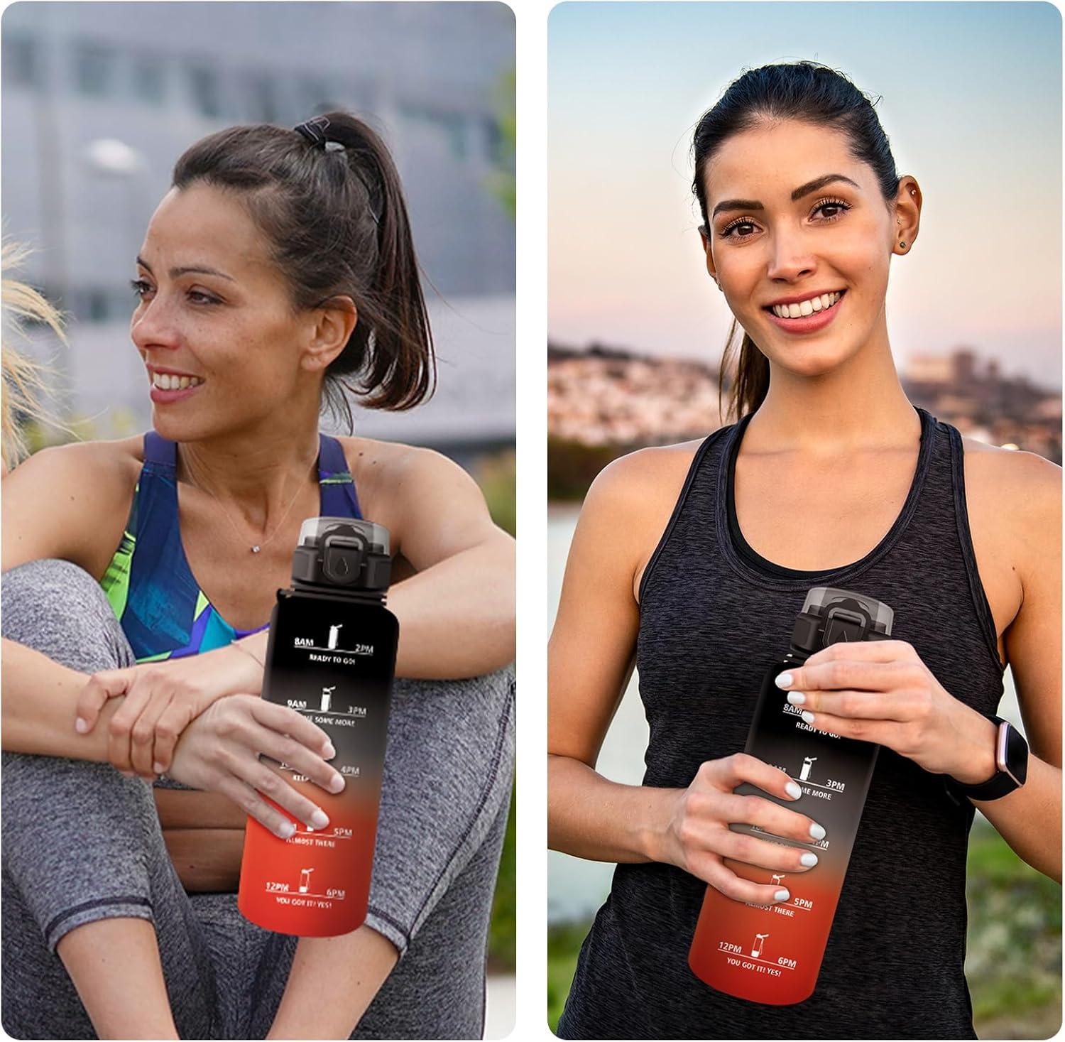 image:imageGourde Motivation 1L Gourde avec Paille sans BPA Bouteille deau de Motivation avec Marqueur de Temps tanche et Rutilisable Bouteille Rutilisable pour lcole Sport Bureau Yoga Camping50oz1500ml Paille Noir Rouge
